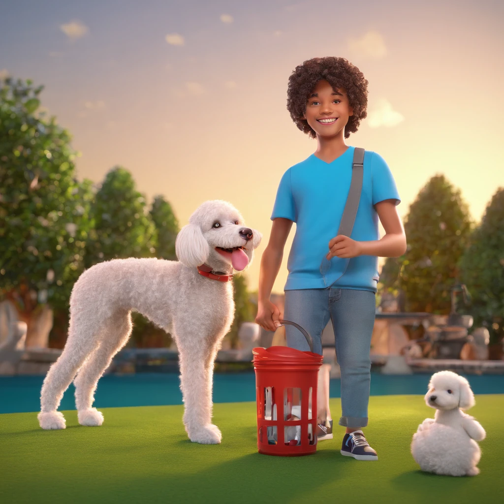 Davi Luiz is a smiling 7-year-old human boy, com seu fiel amigo, Freddy o cachorro poodle, deitados no jardim