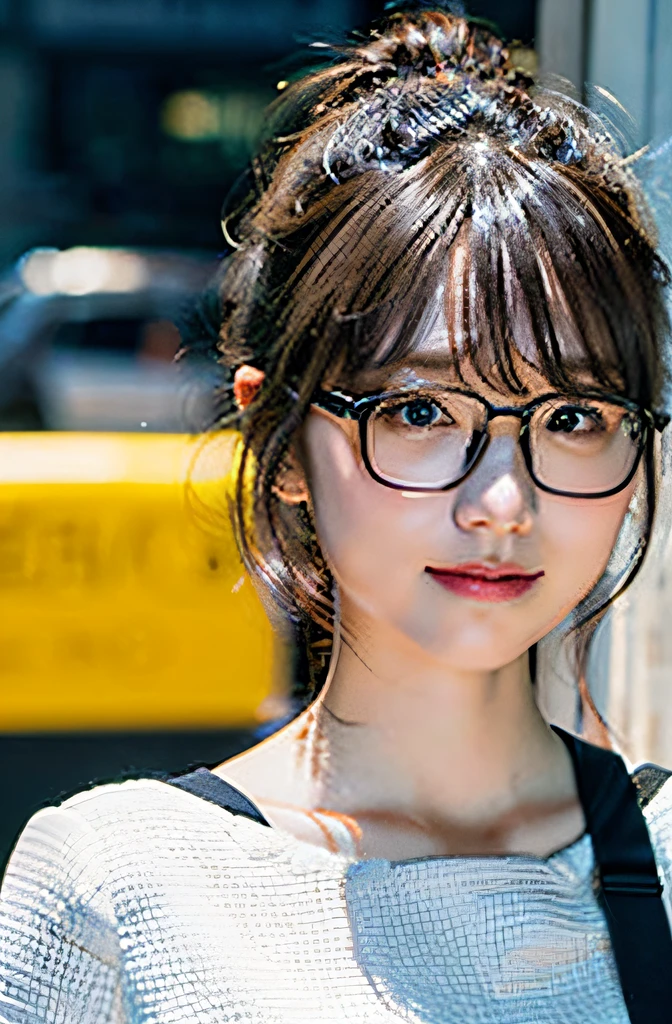 (8K、Raw photography、top-quality、​masterpiece:1.2)、(realisitic、Photorealsitic:1.37)、ultra-detailliert、超A high resolution、女の子1人、see the beholder、beautifull detailed face、A smile、Constriction、(Slim waist) :1.3)、((White blouse clothes))、Beautiful detailed skin、Skin Texture、Floating hair、((Hair bunched into one))、large full breasts、Professional Lighting、In front of the station at noon、((Black square glasses))、Whole human body、Brown hair、Telephone calls、