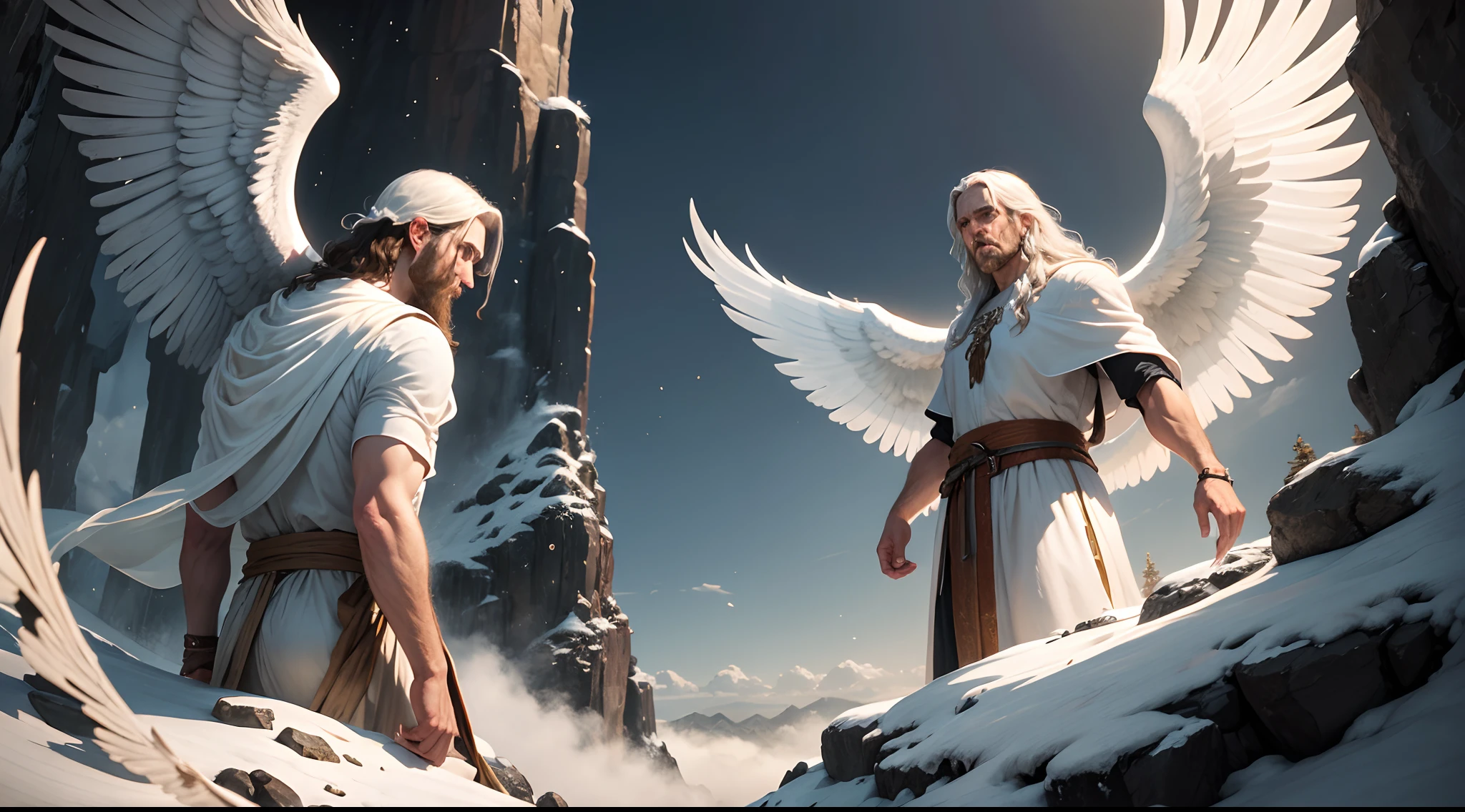 Create the 35-year-old Jacob of the Bible, struggling with a strong angel of white heavenly robes and wings, as evening falls on a mountain, as in Bible times