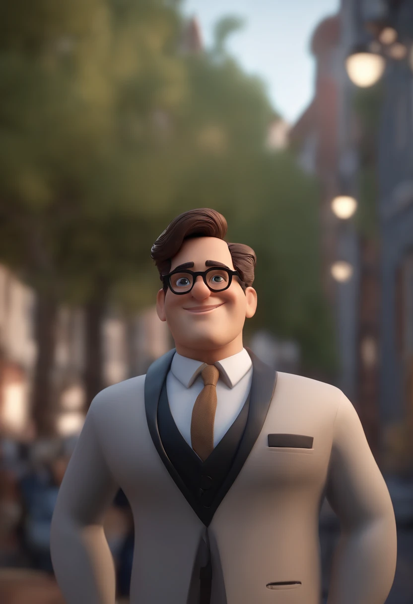 Cartoon character of a brunette man with black glasses, cabelo cacheado marrom escuro e uma camisa branca, black dress pants, animation character, Caractere estilizado, animation style rendering, 3D estilizado, Arnold Maya render, 3 d render stylized, toon render keyshot, Personagem 3D, Personagem 3D, 3d rendering stylized, 3 d character render, personagem de desenho animado, Personagem de close up, Pose de personagem,  (Estilo Pixar) (master part:1.2) (Bokeh) (best quality) (pele detalhada) (textura detalhada) (8k) (argila) (Cinematic lighting) (foco nítido