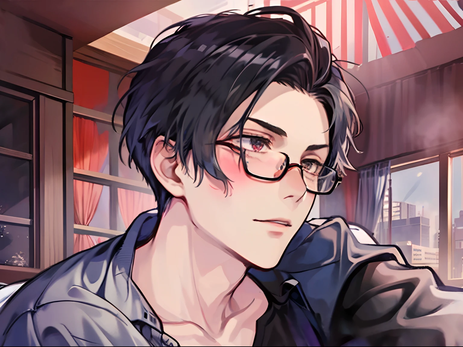 masuter piece,Best Quality,Shirt Men,独奏,ember manly,Glasses Boys,moody,Hairstyle mashed,Angle from below,a bed,ムラムラ,Impatient,Psychopath Smile,Hair over one eye, hands on own face, blush, Shy,Background is a hotel room, Luci