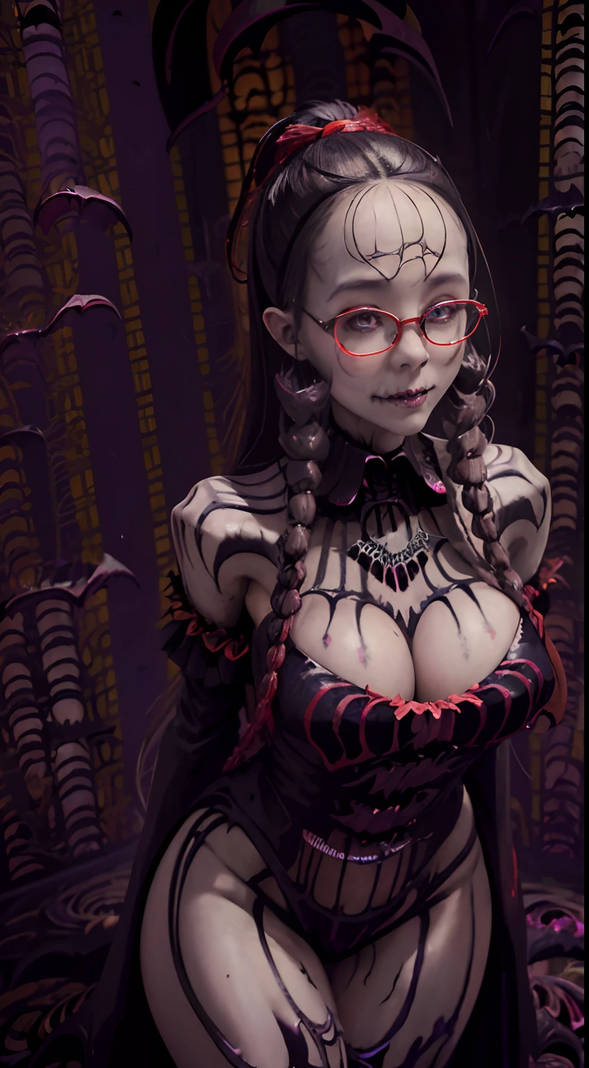 Fine、(The best illustrations)、8k UHD resolution、intricate-detail、top-quality、realisitic、ultra-detailliert、The best lighting、Best Shadows、Soft lighting、Ulutra HD、Ultra-realistic、Tindall Effect、Photorealsitic、(High Detail Skins:1.2)、 (Intricate details, makeup, pureerosface_v1:0.5), (Detailed beautiful delicate face, Detailed beautiful delicate eyes, A perfectly proportioned face, High detailed skin, Detailed skin, best ratio four finger and one thumb, arms below breasts, Tattoo with a red glow under the stomach、Awesome awesome, wide hips, smooth midriff, skiny and thin, __Fashion__, __hair__:1.25)、Digital SLR、 absurderes、1 beautiful devil woman from hell, surreal female portraits by David Hockney and Alphonse Mucha, Portrait of a seductive woman、Fantasy Art, Chinese Doll、Chinese actress、Dungeon、The dragon、Devil's Palace、Devil's Torture Chamber、natta、Dark style 、In the Dark、(Detailed spooky backgrounds:2), magia、 1人、Evil Nun、Dark Necromancer、Succubus、Devil's Daughter、Umi Shinonome、Bat Wings,(((Demon Horns)))、 ((((Huge glasses, Otaku Glasses, thick glasses, Round glasses)))),(((Colossal tits)))、(Devil's Tail)、(red eyes glowing:1.6)、red eyes make up very sharp and detailed, The eyes are very well made up, ((Red Eye:1.0)),intricate tattoos, demonic intricate tattoos, thigh tattoos, body tattoos, masterpiece、The most beautiful face、a baby face、Charming smile、plump beautiful red lips、Muscular seductive body、The enchanting body of the devil、devil style、Seductive Black Magic Costume、(((A shiny red snake is wrapped around her body)))、The long-haired、Braids、A dark-haired、Ponytail distortion、, Ponytail with a bow tied at the back of the hair, Beautiful expression、Body Up、Large breasts emphasis、Bust, Super tight breasts, Breast augmentation surgery, The breasts are very big and round and round,Toned waist、Wide buttocks、 lowkey, cowboy lens, (Black Phoenix Dress: 1.0), devil crown, Red sparkling gemstone necklace、Jewelry Gwise, wearing black mesh socks,Wear light red、nffs