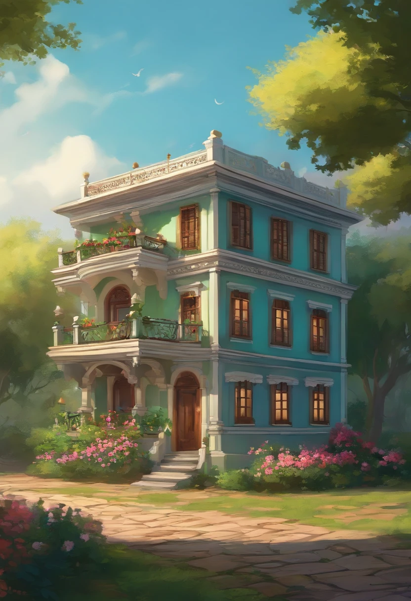 Painting of the exterior of a small three-story building in Western style, Paredes brancas, portas e janelas verde-claras, flores rosas cor-de-rosa, videiras com flores, arte de fundo do anime, arte conceitual de relaxamento, arte conceitual de paisagem anime, cenas muito detalhadas, Beautiful Artwork Illustration, cenas altamente detalhadas, environmental design illustrations, belas cenas de anime, anime scenery, pintura suave detalhada, pintura ambiental, esquema de cores brilhantes, Vento 3D