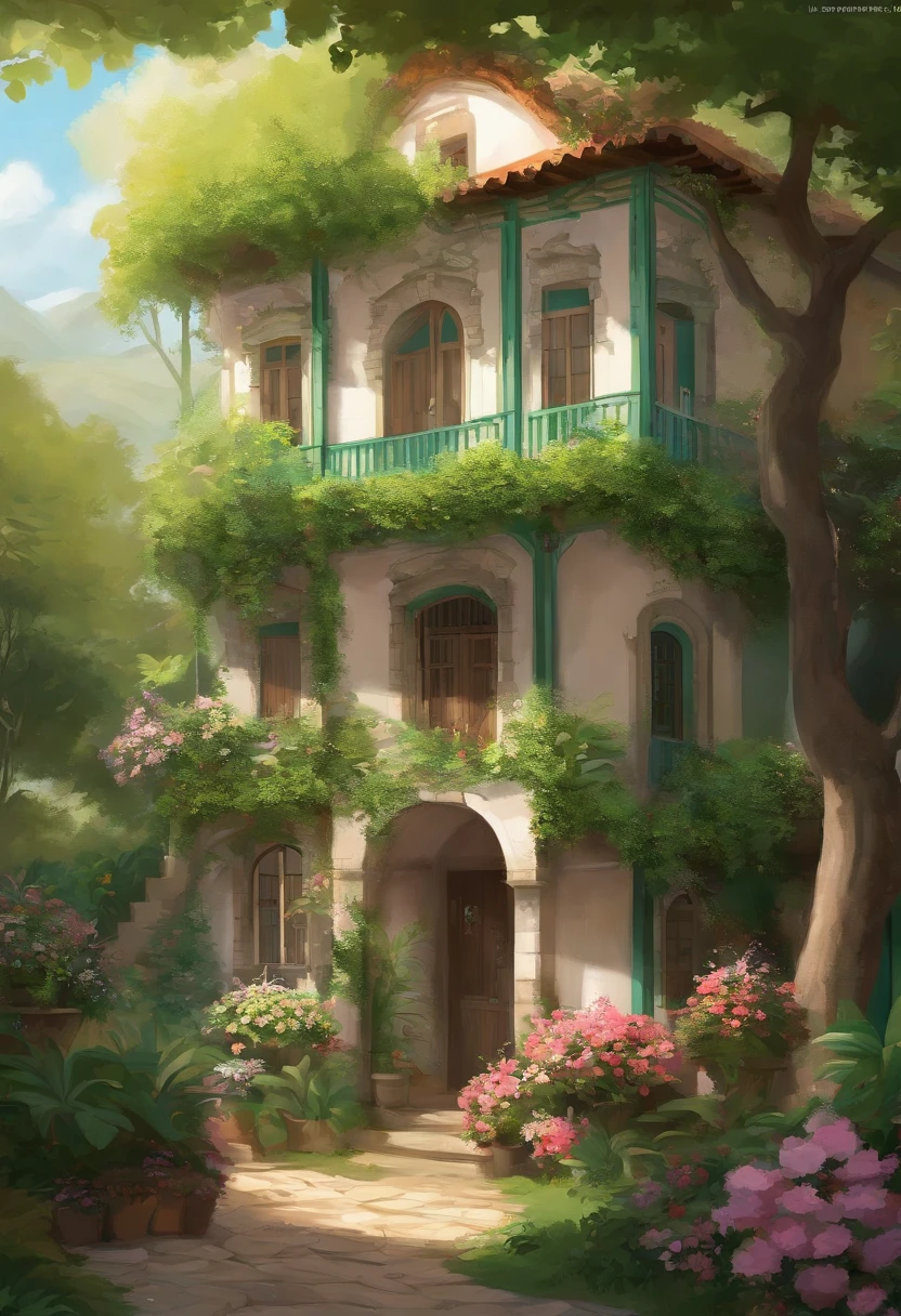 Painting of the exterior of a small three-story building in Western style, Paredes brancas, portas e janelas verde-claras, flores rosas cor-de-rosa, videiras com flores, arte de fundo do anime, arte conceitual de relaxamento, arte conceitual de paisagem anime, cenas muito detalhadas, Beautiful Artwork Illustration, cenas altamente detalhadas, environmental design illustrations, belas cenas de anime, anime scenery, pintura suave detalhada, pintura ambiental, esquema de cores brilhantes, Vento 3D