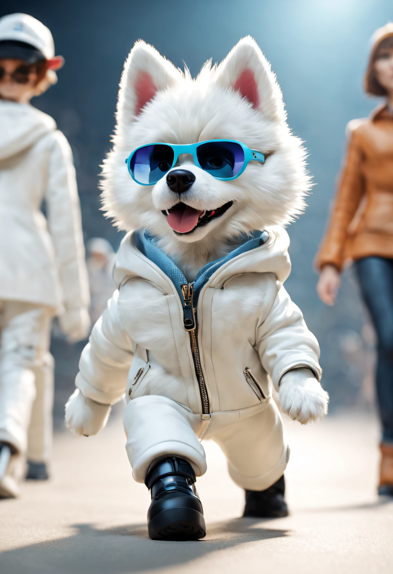 （A husky puppy in a white hat jacket walks down the runway）, （A husky puppy in a white hat jacket：1.37）, （Wearing white pants：1.37），（Human dog hybrids）,, highly fashionable, （Anthropomorphic dogs：1.1）Doggy!!!!!,, Funny dog, ,((Wearing cool sunglasses：1.3)), (Black boots：1.3），（Anthropomorphic dog white clear Dog））, Dumb cute,  ( White dog ) ，Husky dog in white jacket walking on the catwalk，Very stylish puppy, Wearing track suit, Funny dog, anthropomorphic dog 。White dog, White (Doggy) 
a 3D render, 
Background: inside in room，The runway is covered with fine sand, (Catwalk scene, (((Runway scene))), The stage is covered with fine sand, Jupiter, Recife, Sand and foam
indoor：Catwalk scene， (((Runway scene))),The stage is covered with fine sand，Jupiter，Recife，Sand and foam, dust kicked up，Blue swirls swirl like bubbles, The landscape must be filled with swirls and dynamic colored smoke，conveying a sense of mystery, smooggy，colorful atmosphere.Emphasis on dynamics, Rotational motion ray tracing in compositing, god light, hyper HD, A masterpiece of anatomical knots，It can give texture to the skin, Super detail, High details, High quality, Award-Awarded, Best quality, A high resolution, 8K，Catwalk scene，Shoot from the bottom up，Find it in Ultra HD, Masterpiece, Charming eyes，Anatomically correct, Textured skin, Super detail, Award-Awarded, Best quality, 8K Vision, Catwalk, Realistic, Fantasyart，
{{Masterpiece}}, {{{Best quality}}},{{Ultra-detailed}}, {{illustration}}，,Photography,concept art of character,Pixar style,Ghibli style,Cartoon style,Vinyl figures,Caricature,Masterpiece,illustration,illusory engine,rendering by octane,Quixel Megascans Render,corona rendered,v-ray,Tilt-Shift,full bodyesbian,Long shot,rays of shimmering light,