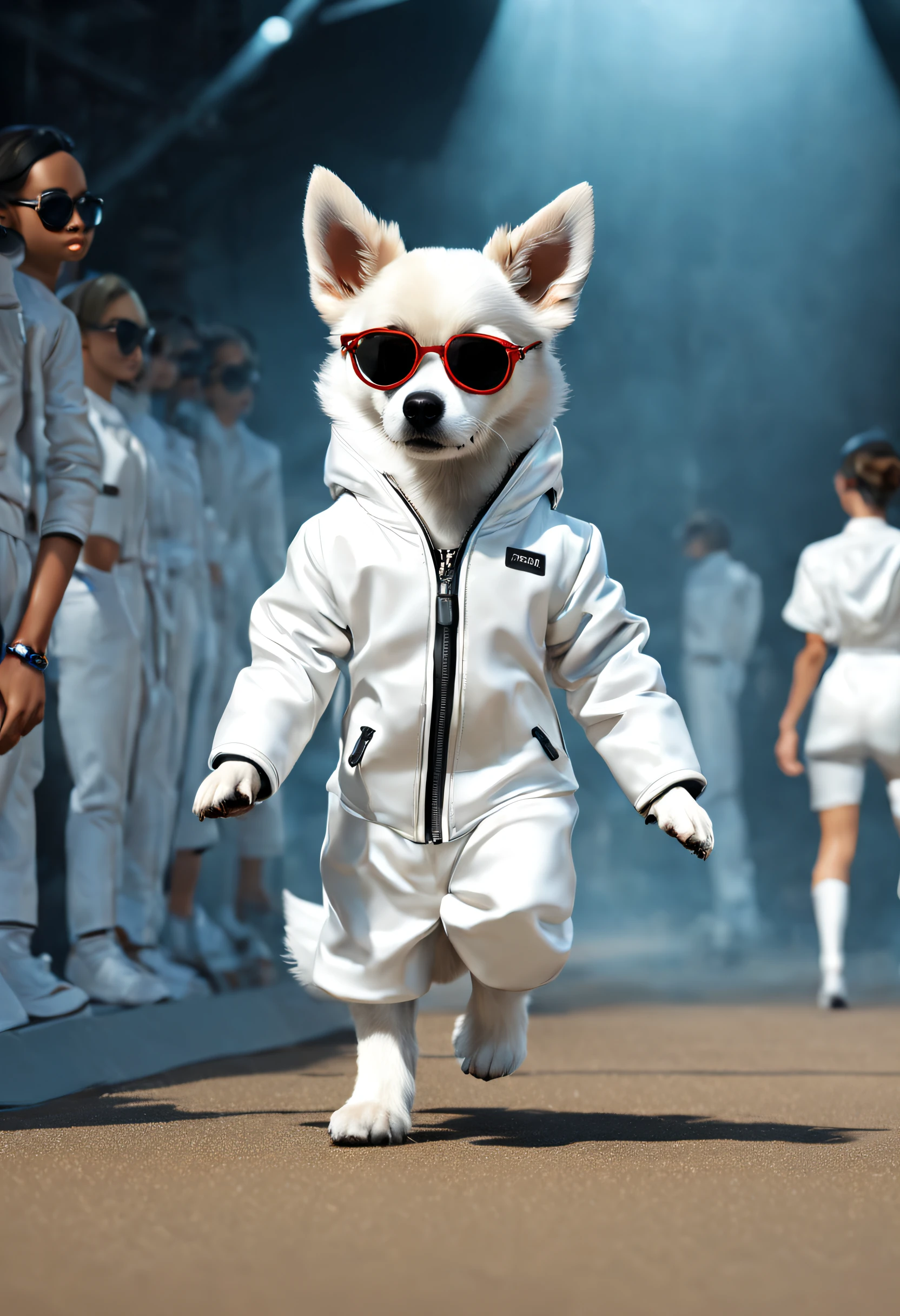 （A ********** dressed in white walks down the catwalk）, （The ********** holds the dog：1.37）, （in white jacket：1.37），（Human dog hybrids）,, highly fashionable, （Anthropomorphic dogs：1.1）Doggy, Wearing track suit, Funny dog, （Anthropomorphic dog white transparent dog））, Dumb cute,  ( White transparent dog ) ，Husky dog in white jacket walking on the catwalk
3D rendering, Very stylish puppy, Wearing track suit, Funny dog, anthropomorphic dog 。White dog, White (Doggy) ,((Wearing cool sunglasses：1.3)), 
Background: inside in room，The runway is covered with fine sand, (Catwalk scene, (((Runway scene))), The stage is covered with fine sand, Jupiter, Recife, Sand and foam
indoor：Catwalk scene， (((Runway scene))),The stage is covered with fine sand，Jupiter，Recife，Sand and foam, dust kicked up，Blue swirls swirl like bubbles, The landscape must be filled with swirls and dynamic colored smoke，Wear yours with a ballerina smoky swirl dress.Flowy coffee-coloured smoky dresses and fast-spinning movements are a source of inspiration, Key elements::conveying a sense of mystery, smooggy，colorful atmosphere.Emphasis on dynamics, Rotational motion ray tracing in compositing, god light, hyper HD, A masterpiece of anatomical knots，It can give texture to the skin, Super detail, High details, High quality, Award-Awarded, Best quality, A high resolution, 8K，Catwalk scene，Shoot from the bottom up，Find it in Ultra HD, Masterpiece, Charming eyes，Anatomically correct, Textured skin, Super detail, Award-Awarded, Best quality, 8K Vision, Catwalk, Realistic, Fantasyart，

,,{{Masterpiece}}, {{{Best quality}}},{{Ultra-detailed}}, {{illustration}}，,Photography,concept art of character,Pixar style,Ghibli style,Cartoon style,Vinyl figures,Caricature,Masterpiece,illustration,illusory engine,rendering by octane,Quixel Megascans Render,corona rendered,v-ray,Tilt-Shift,full bodyesbian,Long shot,rays of shimmering light,