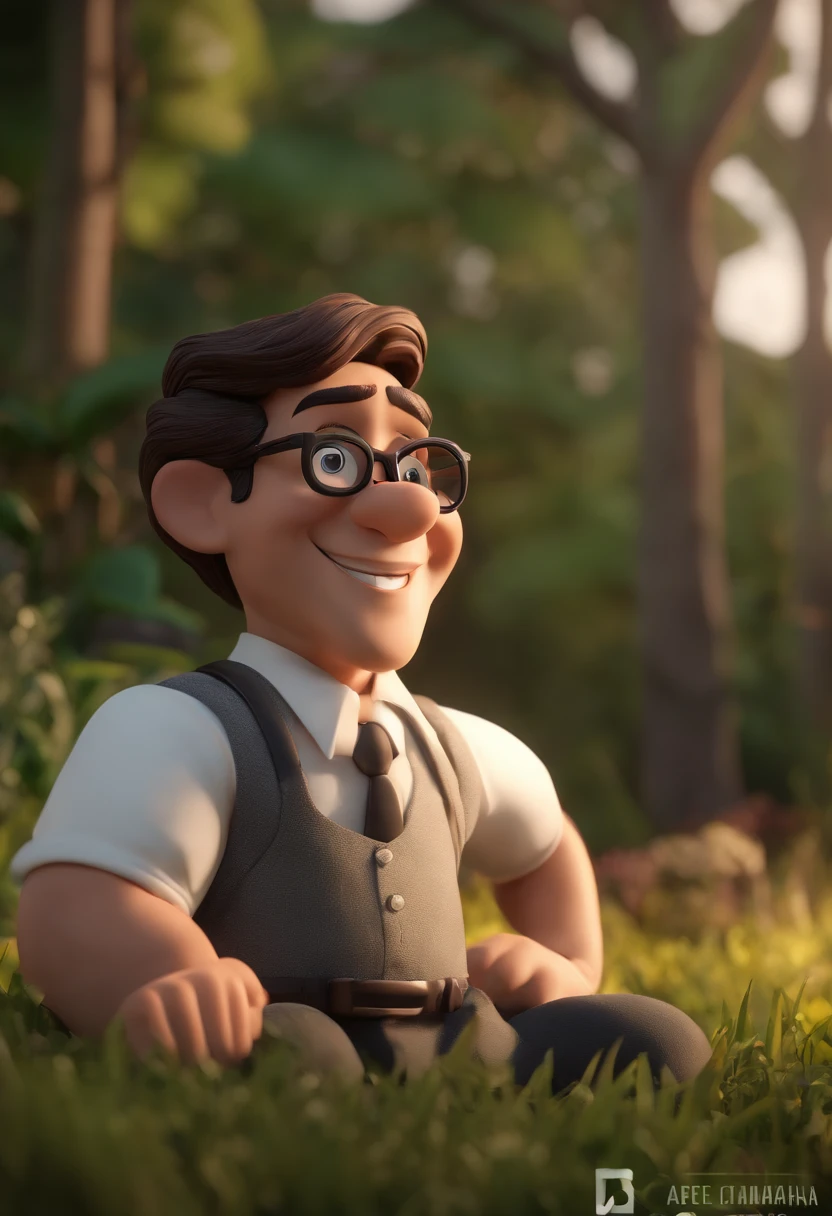 Personagem dos desenhos animados de um homem de pele escura, with black eyeglasses, dark brown curly hair and a white shirt and black dress pants, animation character, Caractere estilizado, animation style rendering, 3D estilizado, Arnold Maya render, 3 d render stylized, toon render keyshot, Personagem 3D, Personagem 3D, 3d rendering stylized, 3 d character render, personagem de desenho animado, Personagem de close up, Pose de personagem,  (Estilo Pixar) (master part:1.2) (Bokeh) (best quality) (pele detalhada) (textura detalhada) (8k) (argila) (Cinematic lighting) (foco nítido