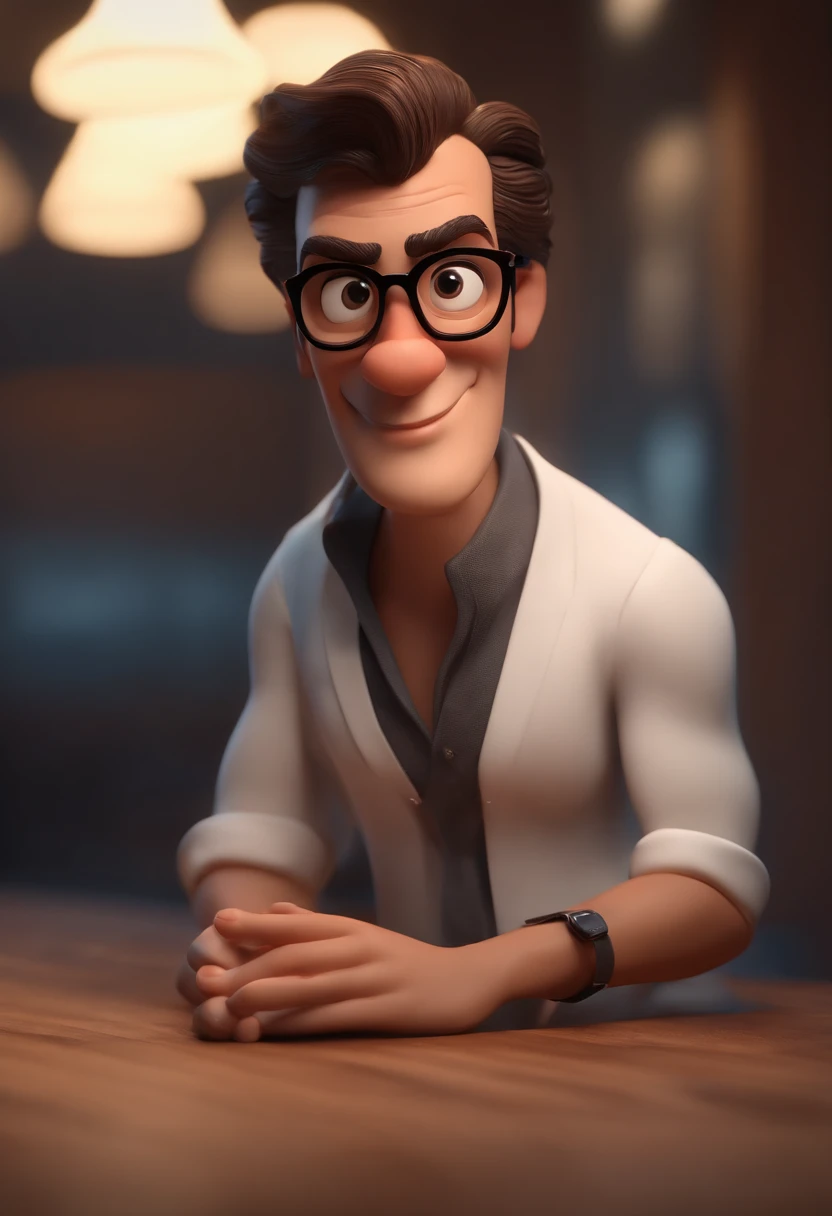 Personagem dos desenhos animados de um homem de pele escura, with black eyeglasses, dark brown curly hair and a white shirt and black dress pants, animation character, Caractere estilizado, animation style rendering, 3D estilizado, Arnold Maya render, 3 d render stylized, toon render keyshot, Personagem 3D, Personagem 3D, 3d rendering stylized, 3 d character render, personagem de desenho animado, Personagem de close up, Pose de personagem, (Estilo Pixar) (master part:1.2) (Bokeh) (best quality) (pele detalhada) (textura detalhada) (8k) (argila) (Cinematic lighting) (foco nítido