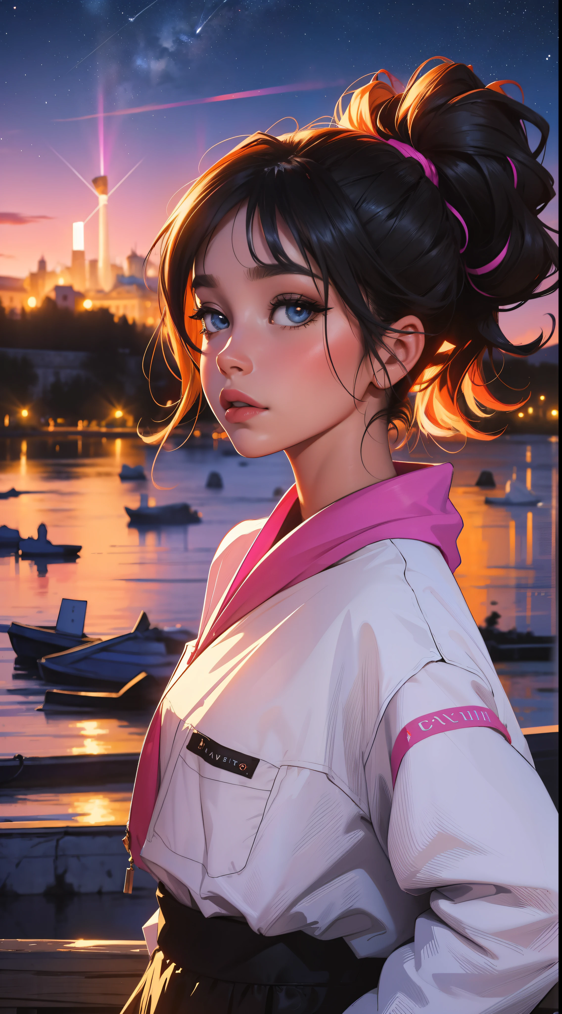 divinity grecques, Paysage de nuit qui passe, Une belle fille avec, UHD Portrait, (High quality) (ultra details) Regarder le spectateur en tenue de ville de style hip-hop; different, colourfull, cheveux longs 🌈