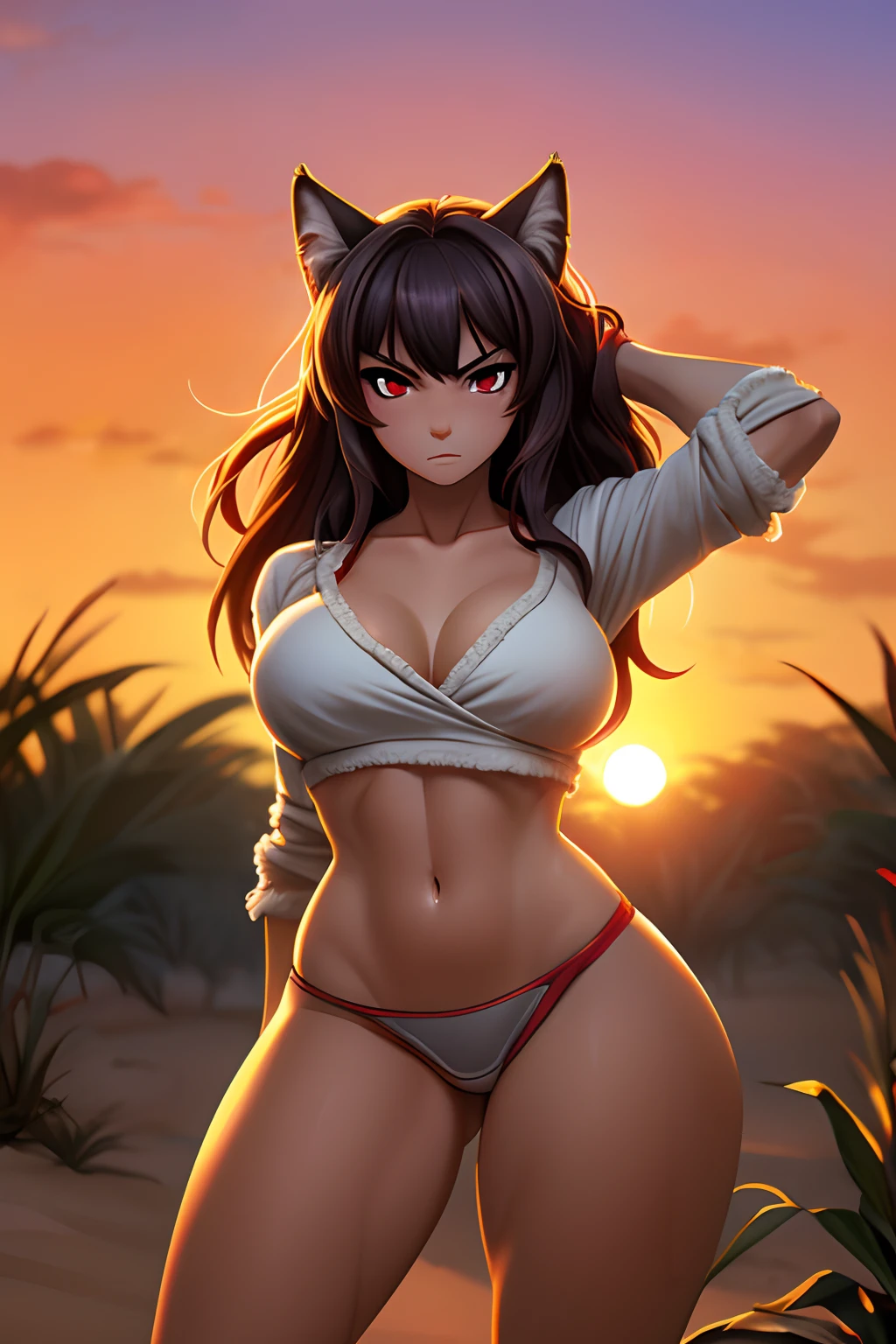 Wolf Girl, furry wolf, Wolf Features, Long messy hair and long bangs, Beautiful cute face, A cautious expression on his face, caution, distrust, Facing the camera, The body is covered with wool, Skin color: white, Dirty body, Body glare, Scarred body, tanned body, ((pretty eyes)), red-eyes, ((Perfect Sexy Figure)), Ideal body shapes, big thighs, ((Subtle and beautiful)), ((Amazon savage woman ragged clothes)), Sexually seductive standing position, Full-length, background: wild jungle desert island sunset, Depth of field, ((ultra quality)), ((tmasterpiece)), clear image, crisp details, Realistic, Professional Photo Session, Clear Focus, the anime, Colorfully drawn