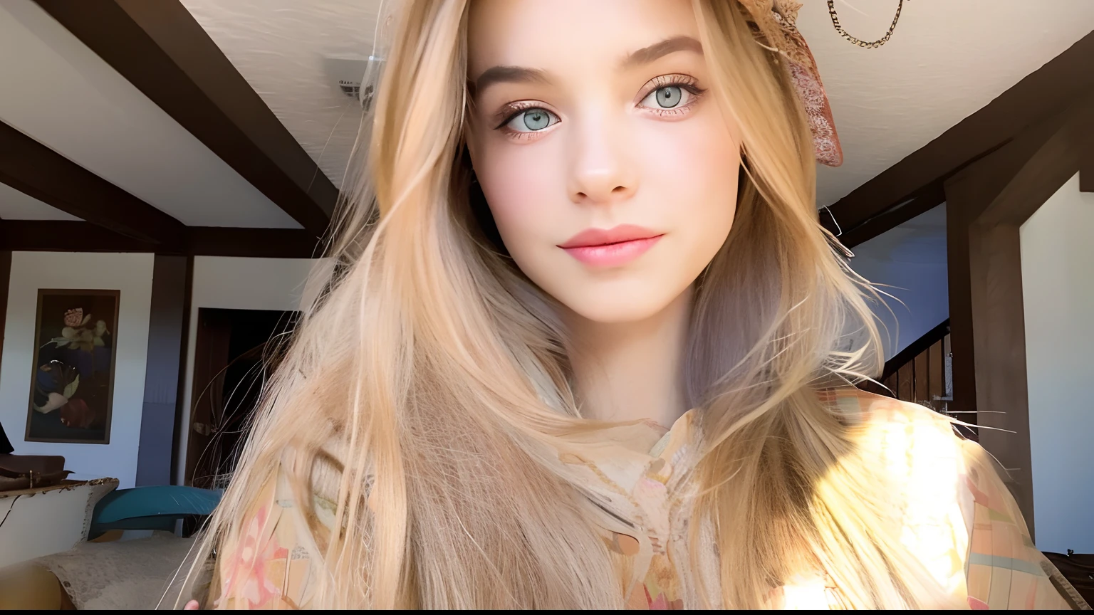 Blonde woman with long hair and a flowery headband posing for a photo, Hailee Steinfeld, Barbara Palvin, Retrato de Barbara Palvin, beleza de cair o queixo, long glowing ethereal hair, longos cabelos loiros e olhos grandes, uma menina com cabelo loiro, beleza de cair o queixo, Sidnei Sweeney, com longos cabelos loiros, cabelos loiros e olhos grandes