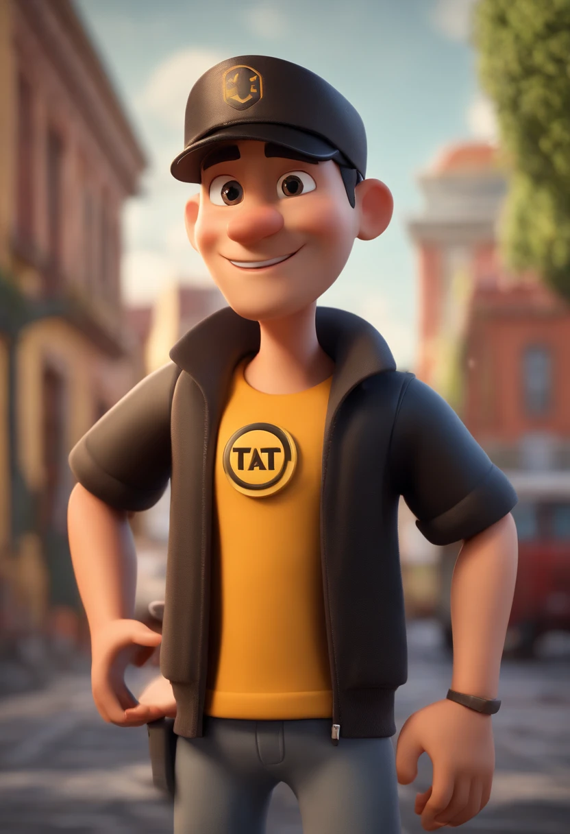 Cartoon character of a man with black cap and a black t-shirt, Taxi arm vehicle background, animation character, Caractere estilizado, animation style rendering, 3D estilizado, Arnold Maya render, 3 d render stylized, toon render keyshot, Personagem 3D, Personagem 3D, 3d rendering stylized, 3 d character render, personagem de desenho animado, Personagem de close up, Pose de personagem, (Estilo Pixar) (master part:1.2) (Bokeh) (best quality) (pele detalhada) (textura detalhada) (8k) (argila) (Cinematic lighting) (foco nítido