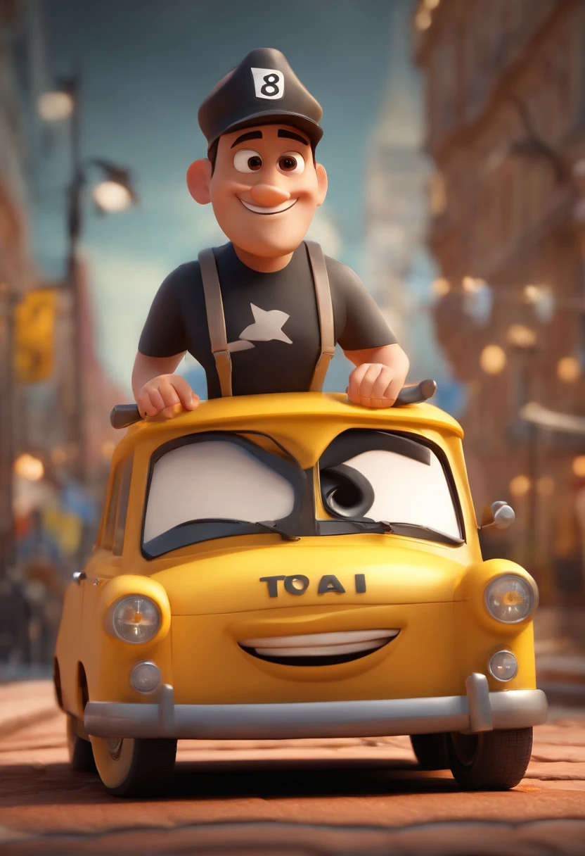 Cartoon character of a man with black cap and a black t-shirt, Taxi arm vehicle background, animation character, Caractere estilizado, animation style rendering, 3D estilizado, Arnold Maya render, 3 d render stylized, toon render keyshot, Personagem 3D, Personagem 3D, 3d rendering stylized, 3 d character render, personagem de desenho animado, Personagem de close up, Pose de personagem,  (Estilo Pixar) (master part:1.2) (Bokeh) (best quality) (pele detalhada) (textura detalhada) (8k) (argila) (Cinematic lighting) (foco nítido