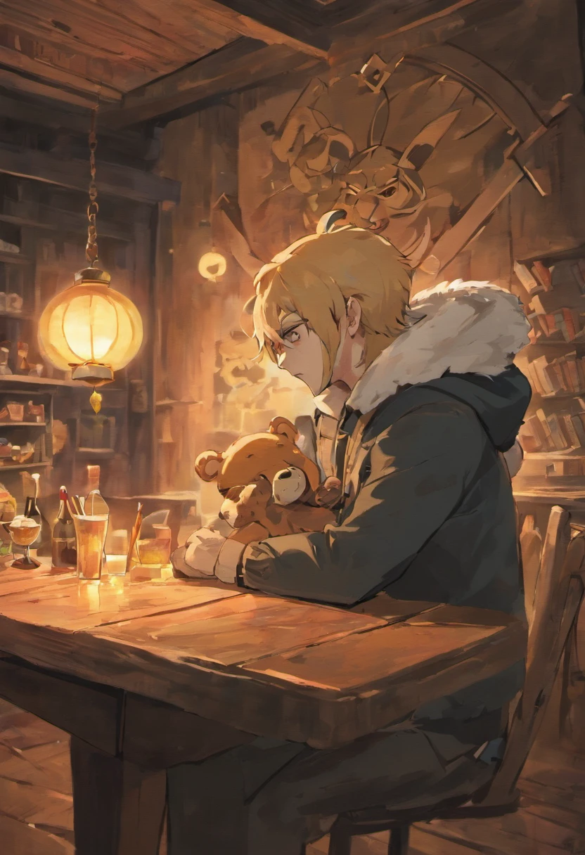 A bear and a moon that sit around a wooden table and wears mafia clothes
