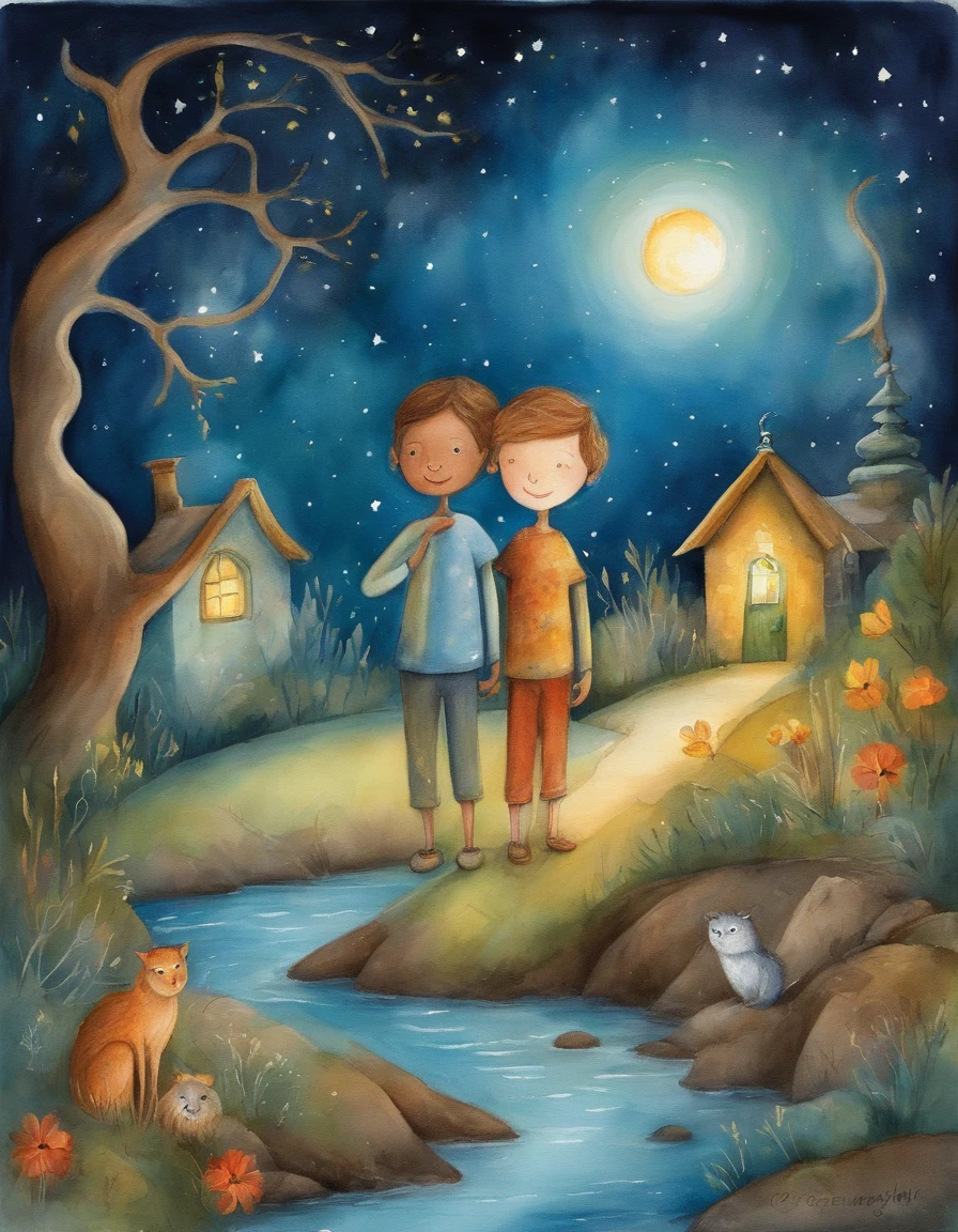 "Crie uma imagem com uma atmosfera encantadora e infantil. Na imagem, inclua dois personagens, um chamado Lucas e o outro chamado Greg, both exploring a night scene full of wonders. Add a starry sky with smiling stars, and put a friendly moon watching the scene with an affectionate look. Ademais, Insert a translucent spirit, Friendly and bright appearance, as a magical guide on the characters' nightly journey. Use a palette of soft and vibrant colors to create a cheerful and magical environment, Perfectly suitable for children. Let your creativity flow and capture the sense of adventure and mystery.