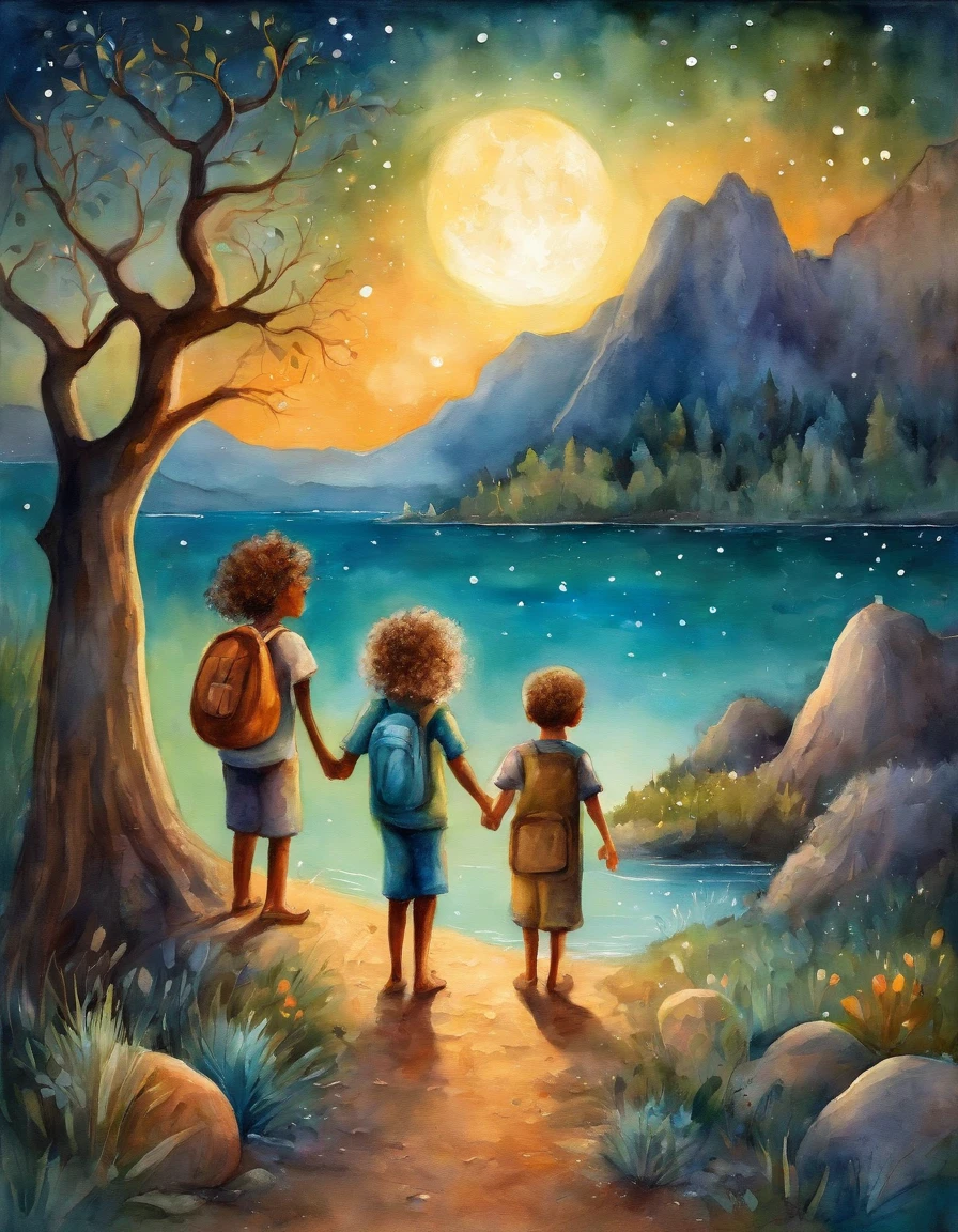 "Crie uma imagem com uma atmosfera encantadora e infantil. Na imagem, inclua dois personagens, um chamado Lucas e o outro chamado Greg, both exploring a night scene full of wonders. Add a starry sky with smiling stars, and put a friendly moon watching the scene with an affectionate look. Ademais, Insert a translucent spirit, Friendly and bright appearance, as a magical guide on the characters' nightly journey. Use a palette of soft and vibrant colors to create a cheerful and magical environment, Perfectly suitable for children. Let your creativity flow and capture the sense of adventure and mystery.