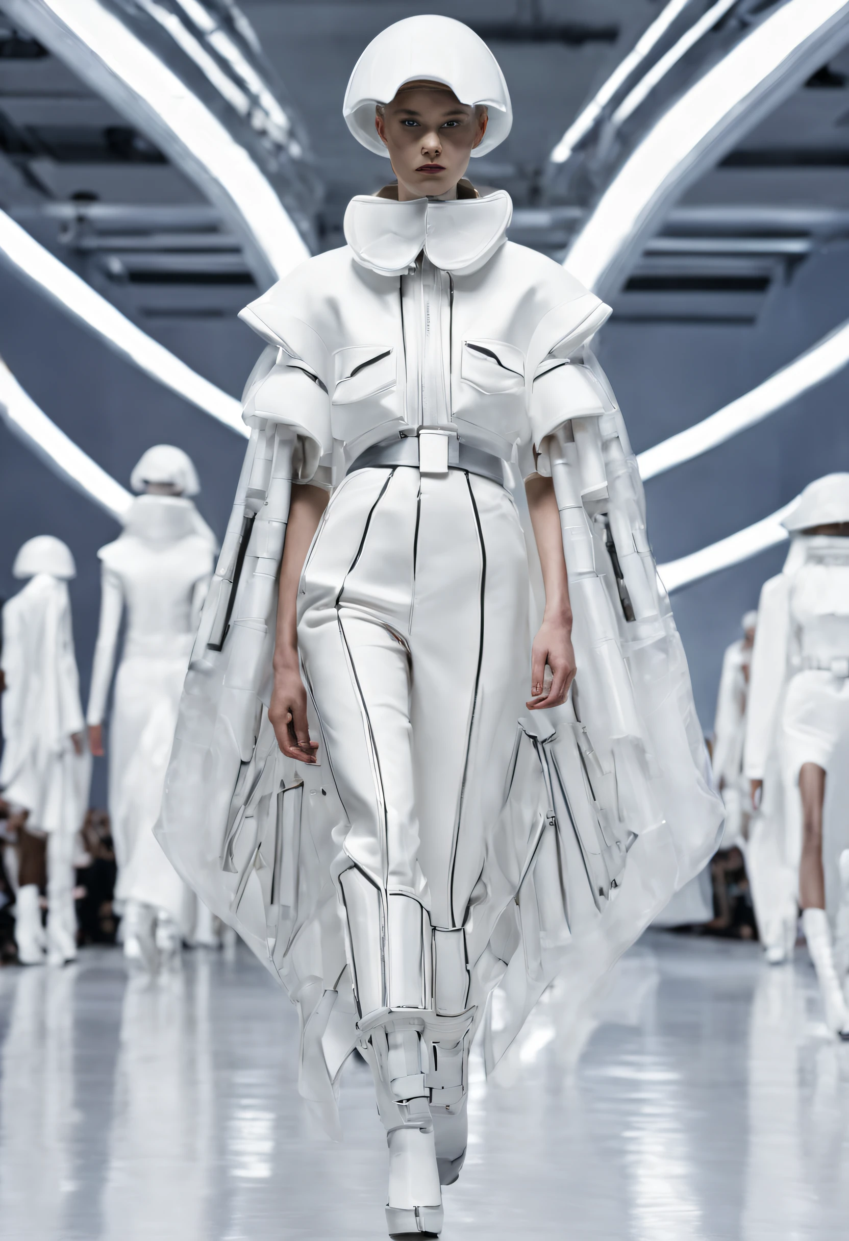 futuristic fashion show,High-tech catwalks,Vintage British collection