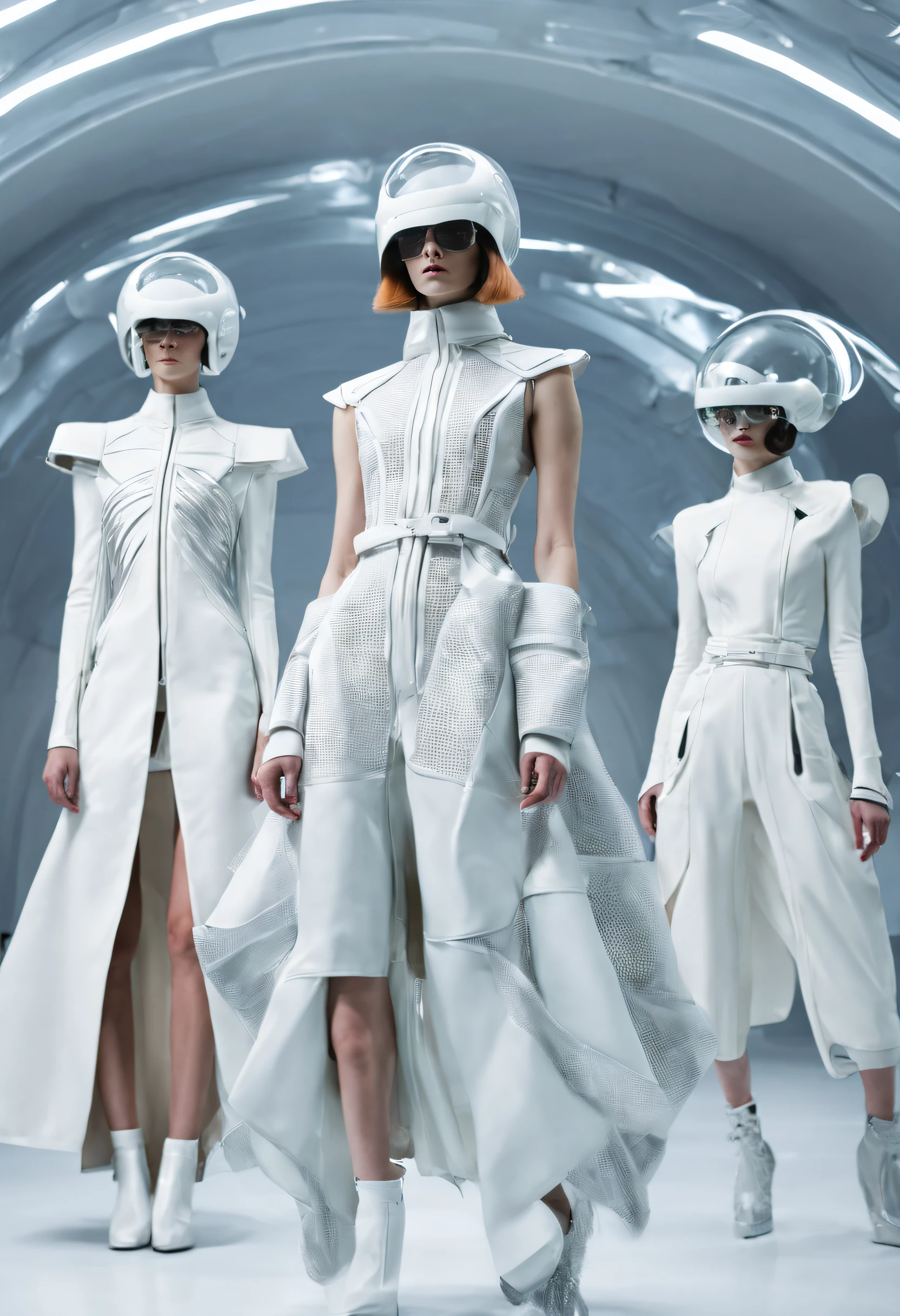 futuristic fashion show,High-tech catwalks,Vintage British collection