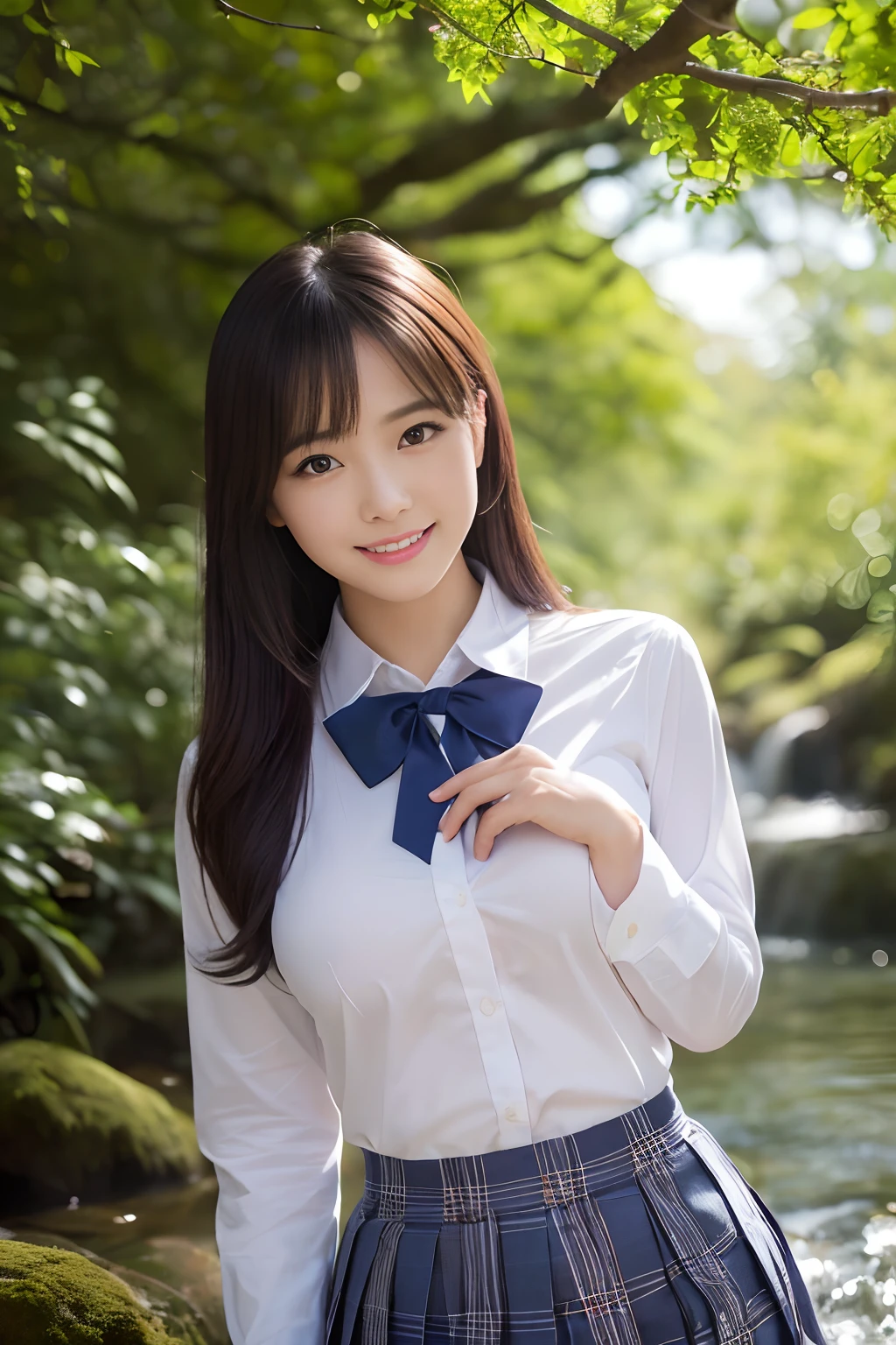 (1 schoolgirl,The cutest face,The biggest smile staring at the camera,Shot from up close,Shot from the waist up,A detailed face,Take a photo from close to your face,japanese hight school uniform,Perfect face,Perfect makeup,Breasts are big,In a fantastic and beautiful forest,gravure,model poses)),((White shirt and ribbon,Plaid pleated skirt,japanese hight school uniform,The cutest uniforms,Sacred Forest Trees々Sunlight shining in from between,Perfect fingers,perfect arms,Graceful and beautiful,beautiful waterfall,large waterfall,Beautiful river,Mysterious fountain,Crystal clear spring water,Crystal clear water,beautiful water,夏天,Cool feeling,cold,falls, Springs and rivers)),((Forest of Illusions,细致背景,top-quality,The ultra -The high-definition,Perfect Anatomy,high-definition RAW color photography,professional photograpy, extremely delicate and beautiful, Extremely detailed,finely detail, Huge file size,Top image quality,8K,Photos taken with a single-lens reflex camera,Award-Winning Works,masutepiece))
