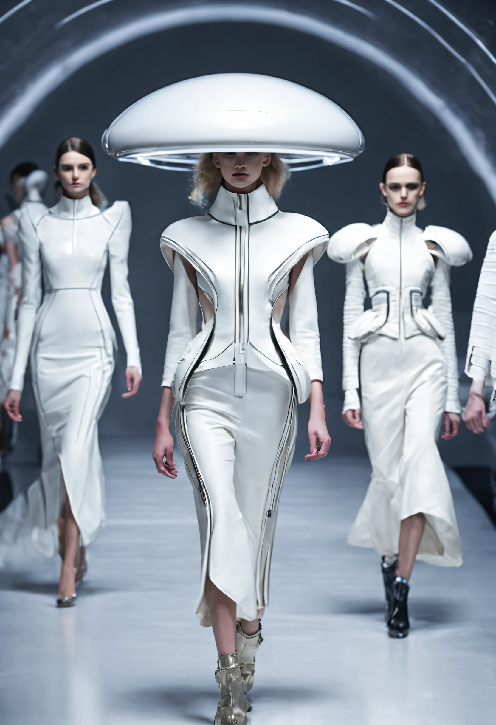 futuristic fashion show，Translucent ethereal aliens，futuristic fashion show，High-tech catwalks，Retro British collection