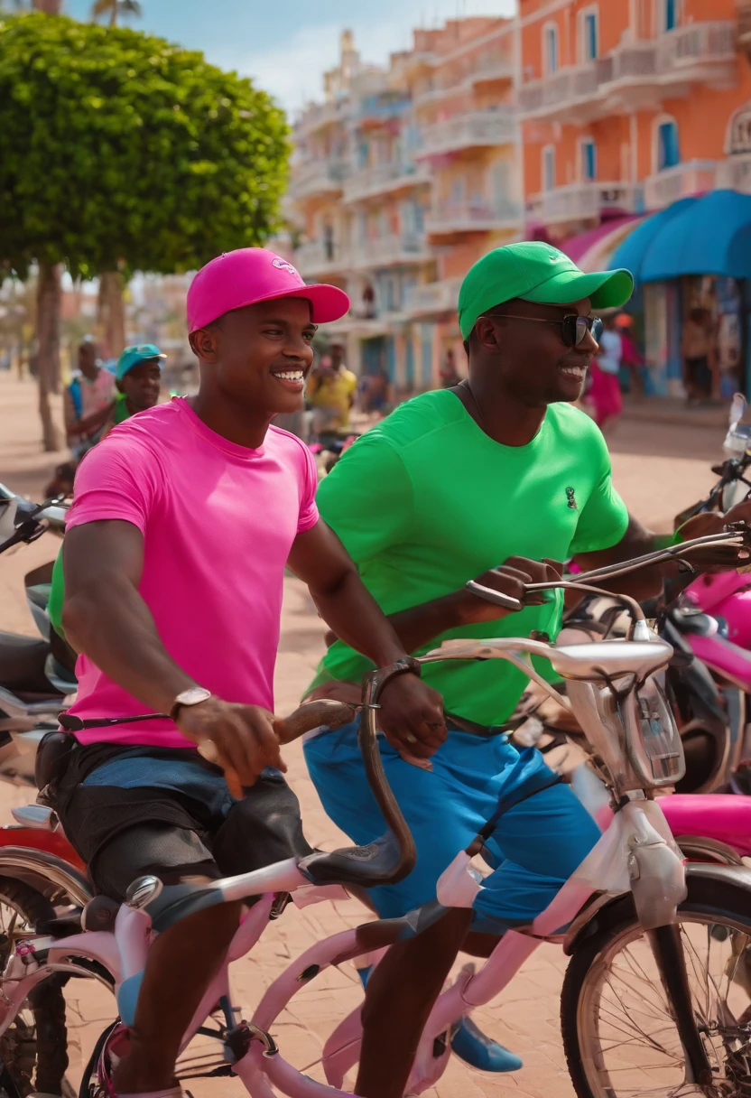 Pixar, man, dark skin, running on the promenade of Fortaleza's seafront, pink shirt, blue shorts, behind some parked motorbikes, wearing a green cap