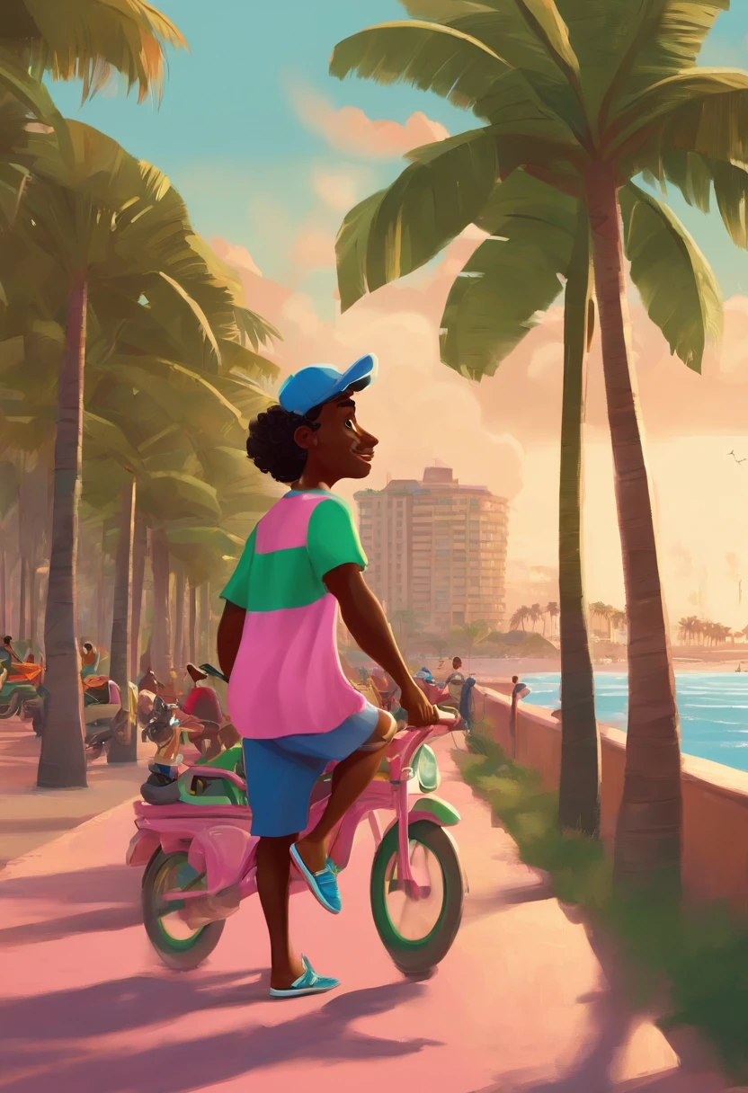 Pixar, man, dark skin, running on the promenade of Fortaleza's seafront, pink shirt, blue shorts, behind some parked motorbikes, wearing a green cap