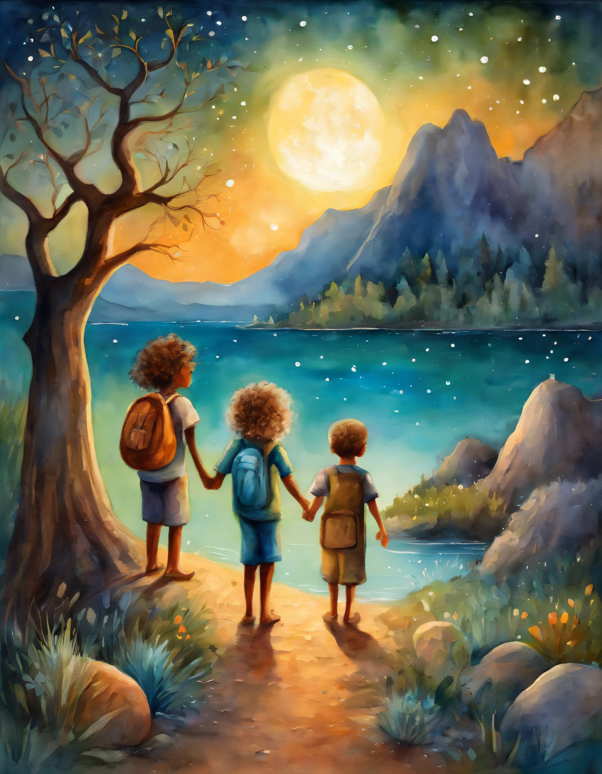 "Crie uma imagem com uma atmosfera encantadora e infantil. Na imagem, inclua dois personagens, um chamado Lucas e o outro chamado Greg, both exploring a night scene full of wonders. Add a starry sky with smiling stars, and put a friendly moon watching the scene with an affectionate look. Ademais, Insert a translucent spirit, Friendly and bright appearance, as a magical guide on the characters' nightly journey. Use a palette of soft and vibrant colors to create a cheerful and magical environment, Perfectly suitable for children. Let your creativity flow and capture the sense of adventure and mystery.
