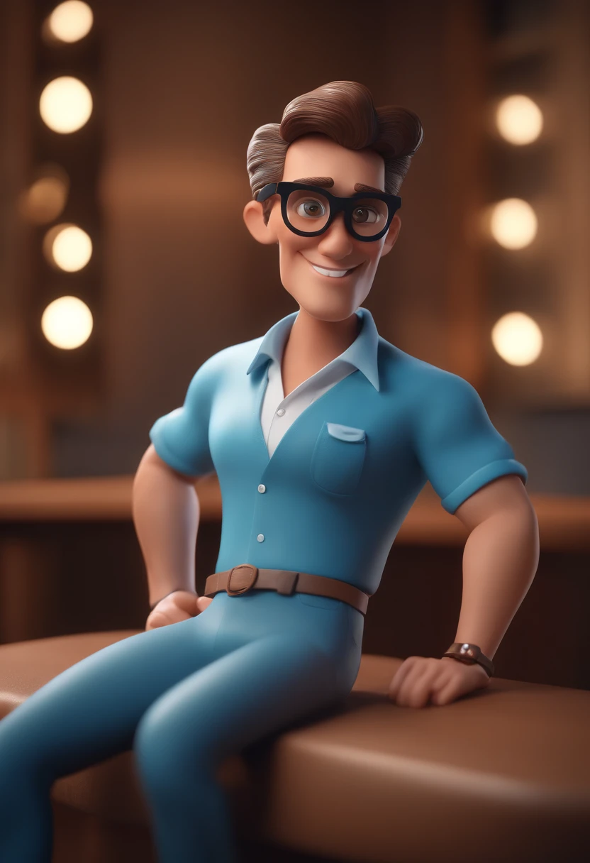 Cartoon character of a man with black glasses and a blue shirt, animation character, Caractere estilizado, animation style rendering, 3D estilizado, Arnold Maya render, 3 d render stylized, toon render keyshot, Personagem 3D, Personagem 3D, 3d rendering stylized, 3 d character render, personagem de desenho animado, Personagem de close up, Pose de personagem,  (Estilo Pixar) (master part:1.2) (Bokeh) (best quality) (pele detalhada) (textura detalhada) (8k) (argila) (Cinematic lighting) (foco nítido