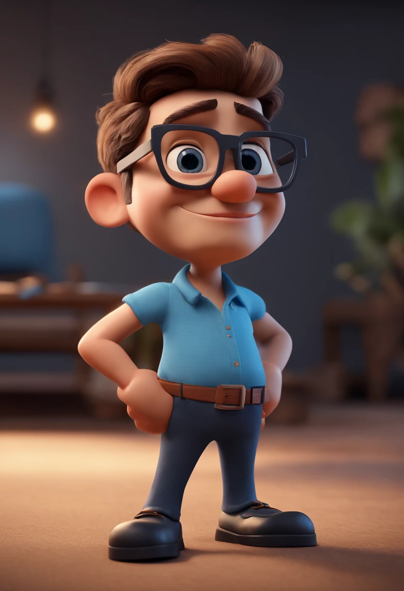 Cartoon character of a man with black glasses and a blue shirt, animation character, Caractere estilizado, animation style rendering, 3D estilizado, Arnold Maya render, 3 d render stylized, toon render keyshot, Personagem 3D, Personagem 3D, 3d rendering stylized, 3 d character render, personagem de desenho animado, Personagem de close up, Pose de personagem, (Estilo Pixar) (master part:1.2) (Bokeh) (best quality) (pele detalhada) (textura detalhada) (8k) (argila) (Cinematic lighting) (foco nítido