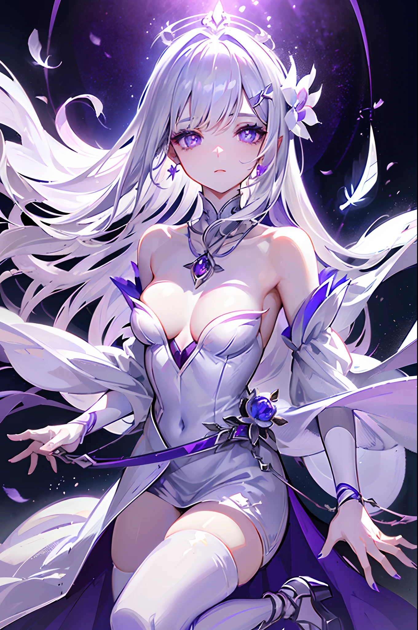 Emilia princess from Re:Zero kara Hajimeru Isekai Seikatsu, half elf, ((gorgeous white and purple elegant silk wedding dress, holding a bunch of clematis, silk accesory, veil, silver necklace, diamond ring, flower earring, belt, collar, silver crown, white silk legging)), grace hair style, garden background, ((perfect body shape, small breast, empress and forzen aura, flower and feather flying effect, detailed skin, silver and light purple pupil)), heavy make up, best quality anime 4k wallpaper quality, extreme eye and body detail, energetic girl, spirit around, high resolution , masterpieces, lighting focused