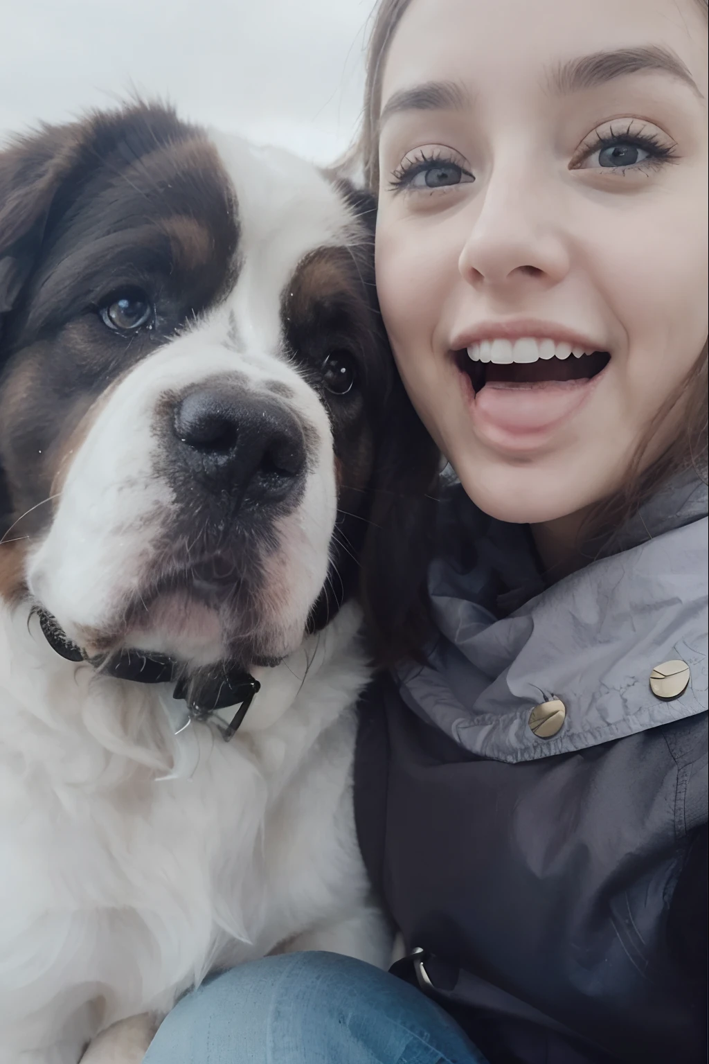 femme souriante avec un saint Bernard à côté d'elle dans une scène enneigée, Selfie d’un chien, sourire joyeux à la caméra, tous deux souriants pour la caméra, saint Bernard, Chien heureux, Photo Selfie, Regarder la caméra avec une expression heureuse