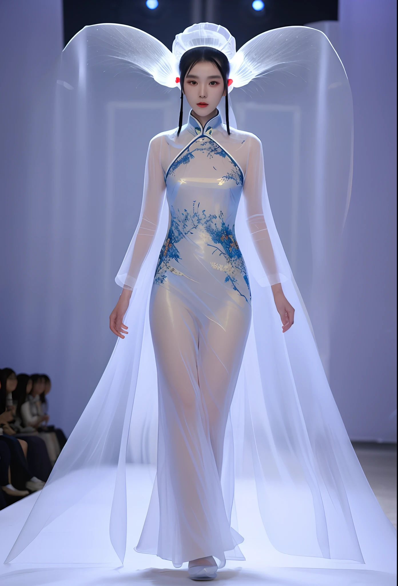 Chinese fashion show,Translucent ethereal aliens,futuristic fashion show,High-tech catwalks,Chinese silk series