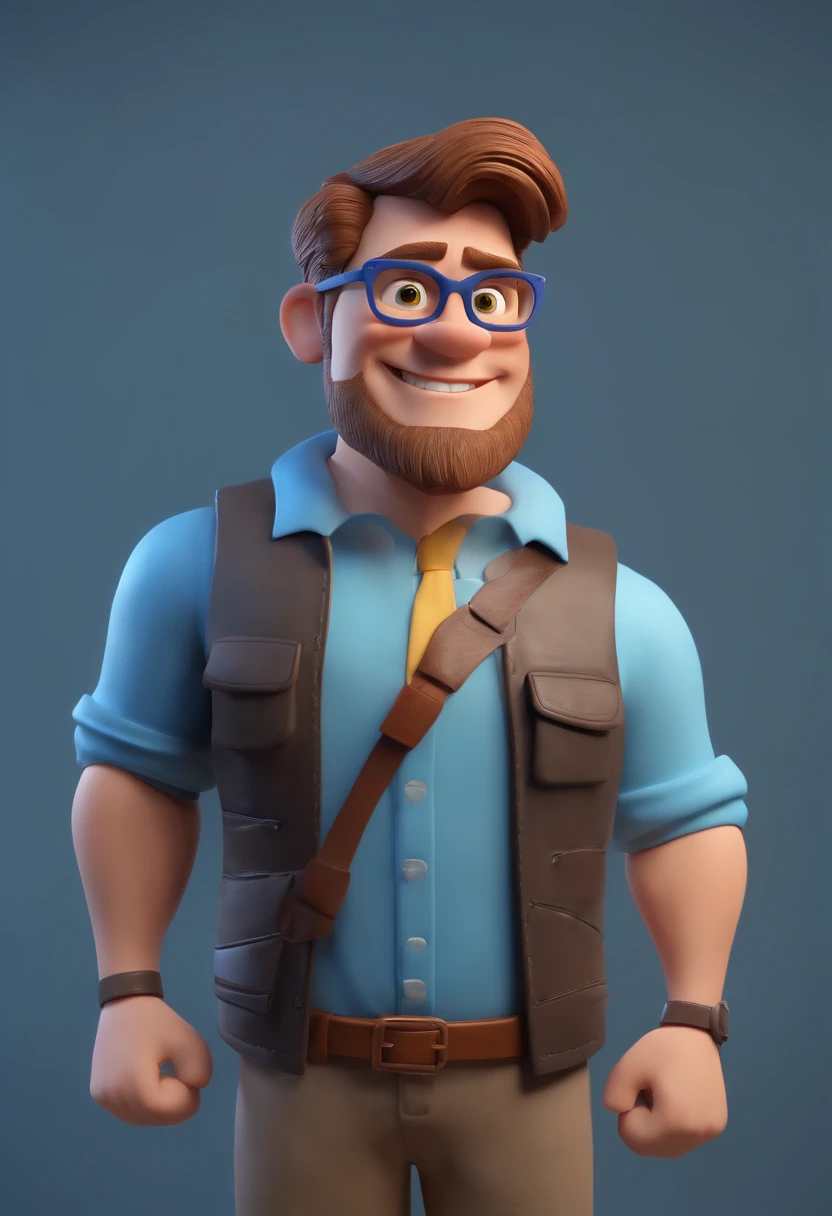 Cartoon character of a man with blue glasses, olhos verdes, barba e camisa azul, animation character, Caractere estilizado, animation style rendering, 3D estilizado, Arnold Maya render, 3 d render stylized, toon render keyshot, Personagem 3D, Personagem 3D, 3d rendering stylized, 3 d character render, personagem de desenho animado, Personagem de close up, Pose de personagem,  (Estilo Pixar) (master part:1.2) (Bokeh) (best quality) (pele detalhada) (textura detalhada) (8k) (argila) (Cinematic lighting) (foco nítido