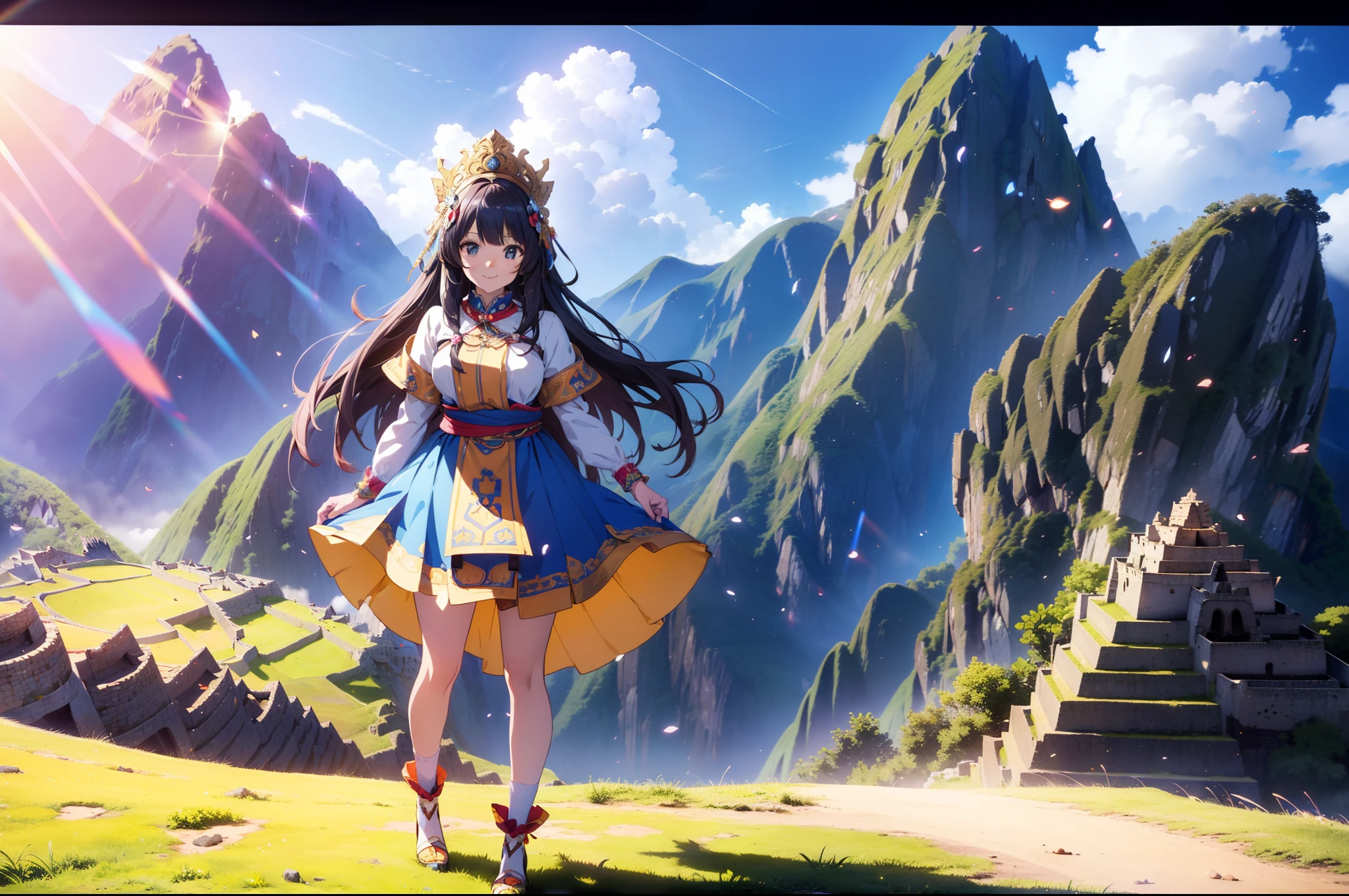 1 cute girl, full body, standing, Peruvian national costume, smile ,(background Macchu Picchu), cinematic lighting, blue sky, high resolution,(incredibly absurdres),anime visual,extremely detailed CG unity 8k wallpaper, ((masterpiece)), ((top-quality)), (beautiful illustration), ((an extremely delicate and beautiful))