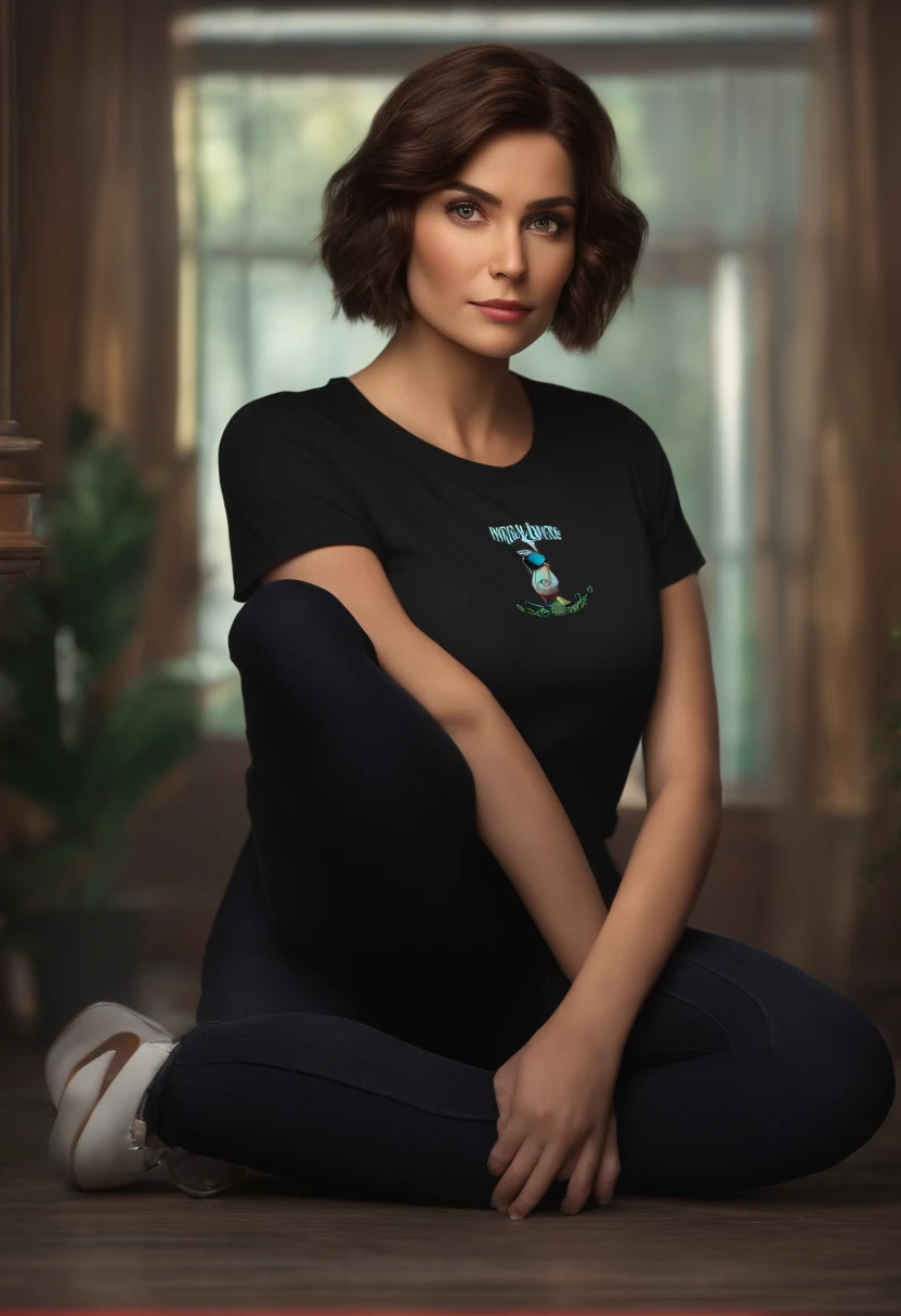 filme Marketing 2023 estilo filmes Pixar, Com nome "N - Marketing", poster, With short, lighter brunette hair and a black t-shirt in front of her crossed arms.