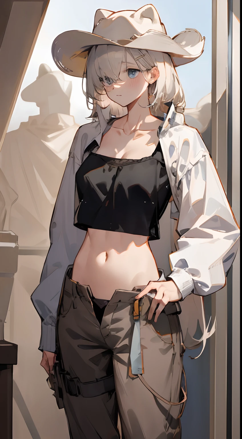 Leakage out of the collarbone，Neck leakage，Star decoration，stand posture，standing straight，open waist，Western cowboy，Cowboy hat