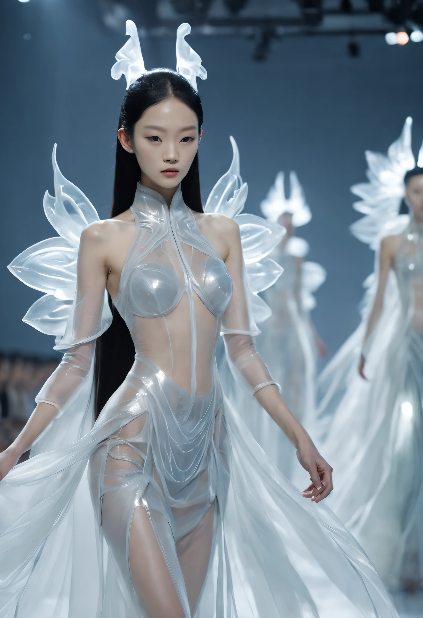 Chinese fashion show，Translucent ethereal aliens，futuristic fashion show，High-tech catwalks，Chinese silk series
