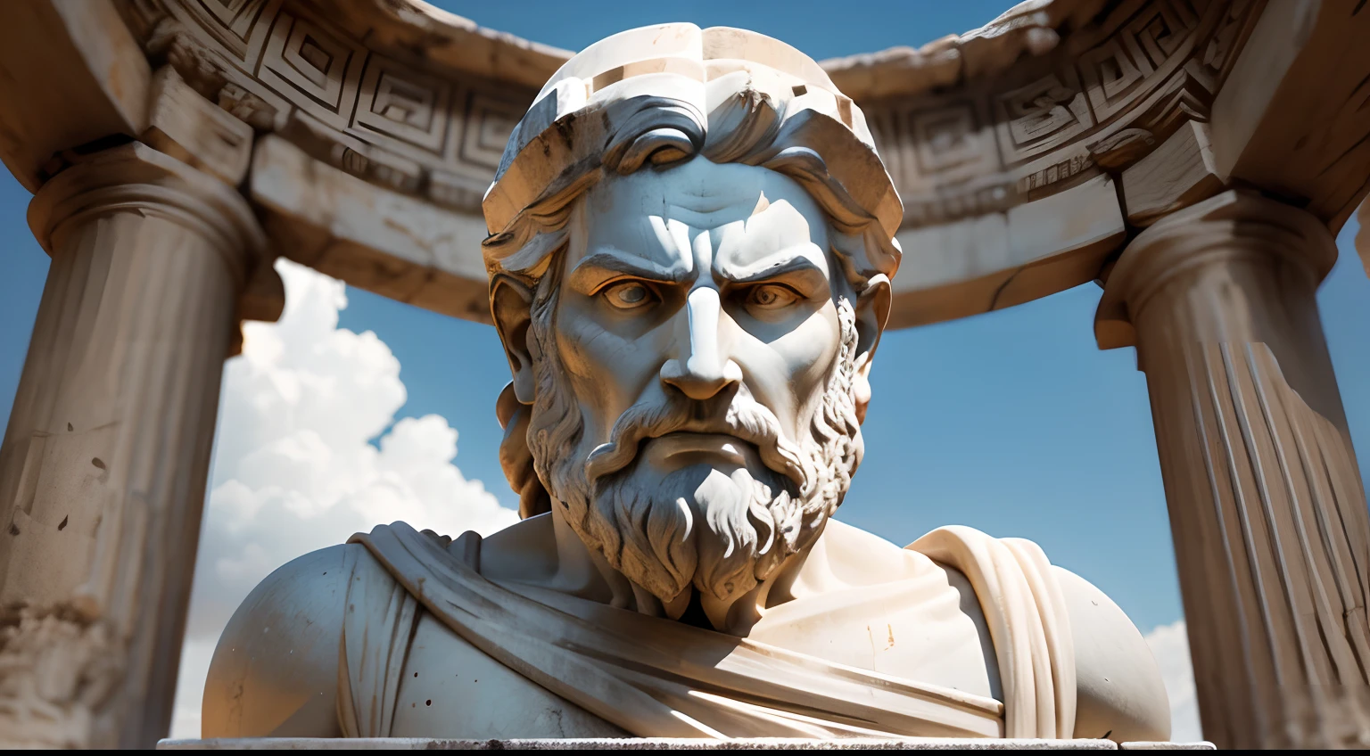 Ancient Greek statue with angry expression, tem barba, Filmado em Sony A7S III com Sony FE 35mm f/1.8, 12.1 MP, --AR 3:2 --estilo cru