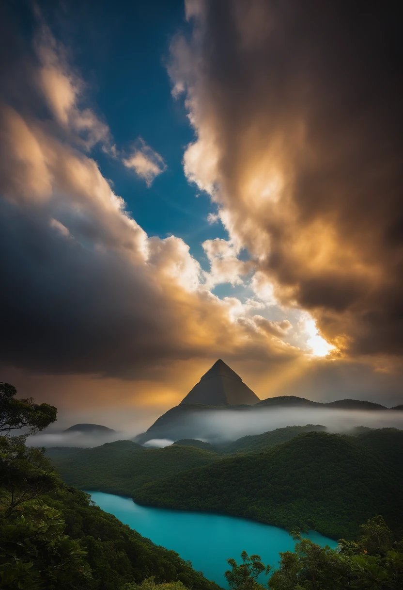 /uma nave triangular saindo das nuvens com raios, e trovoes