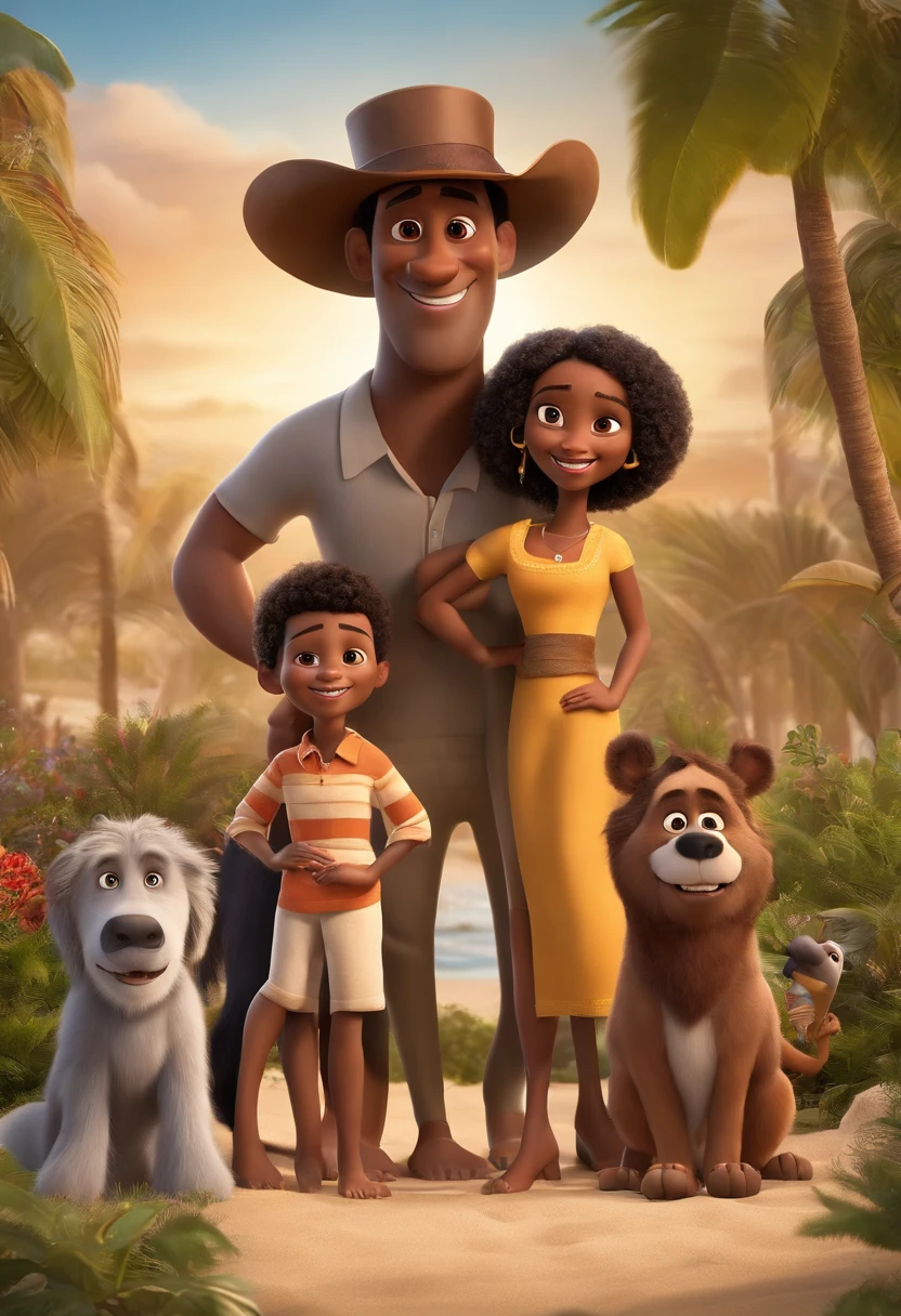 a Disney Pixar movie poster showing a black-skinned family. The father is the tallest, musculoso, Tem barba curta, Very short hair. The mother has brown curly eyes and hair, na altura dos ombros, negra corpo malhado. A tem 13 anos e cabelos castanhos, roupa preta e branca e rabos de cavalo. The background is a beach garden. 3D-rendering