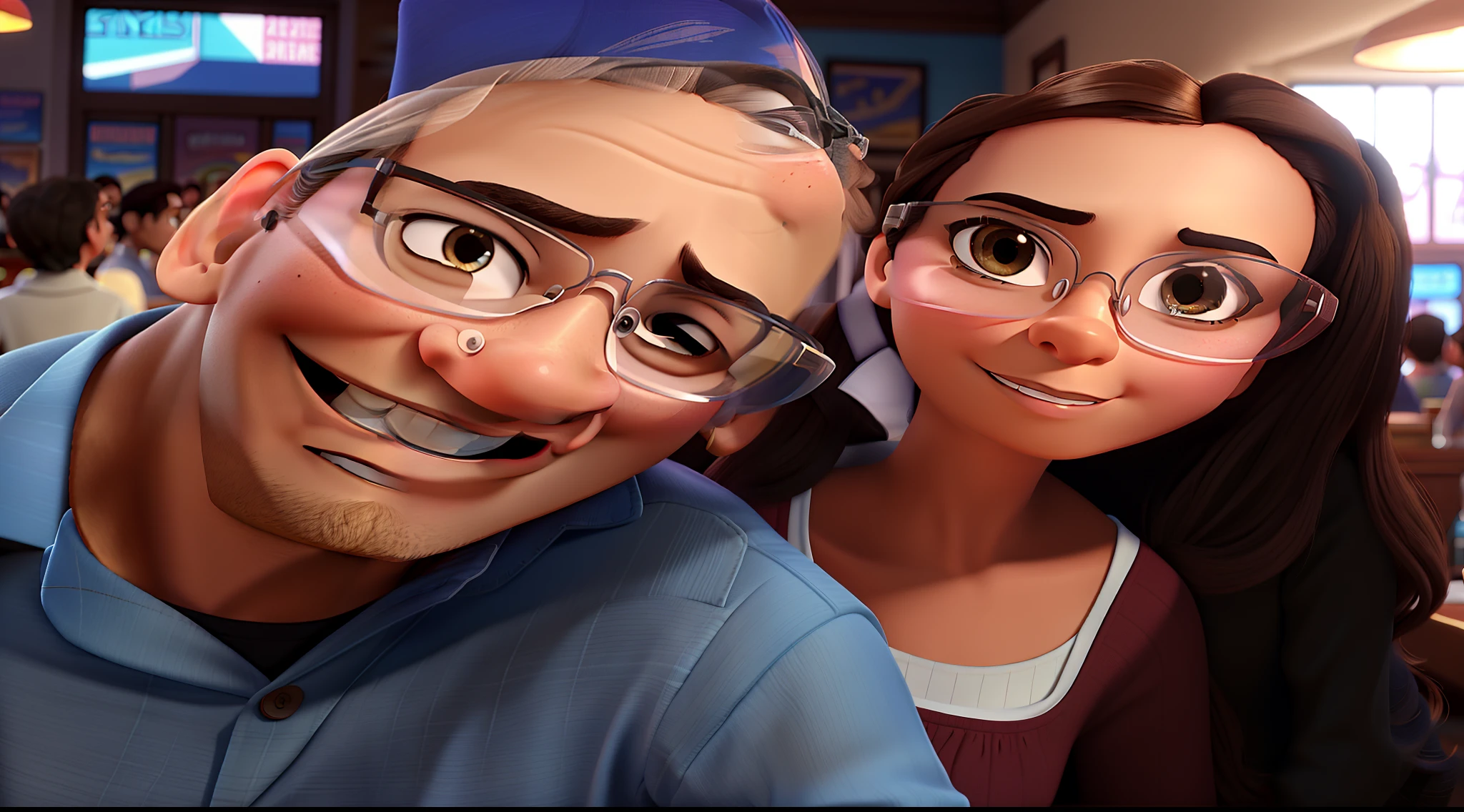 a Disney-Pixar style 3D movie poster depicts a light brown-skinned couple in their 30s with clear glasses in a restaurant