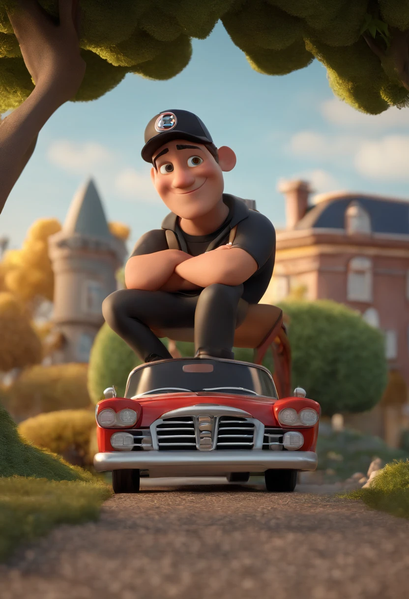 Cartoon character of a man with black cap and a black t-shirt, Image background: a white color taxi vehicle, animation character, Caractere estilizado, animation style rendering, 3D estilizado, Arnold Maya render, 3 d render stylized, toon render keyshot, Personagem 3D, Personagem 3D, 3d rendering stylized, 3 d character render, personagem de desenho animado, Personagem de close up, Pose de personagem,  (Estilo Pixar) (master part:1.2) (Bokeh) (best quality) (pele detalhada) (textura detalhada) (8k) (argila) (Cinematic lighting) (foco nítido