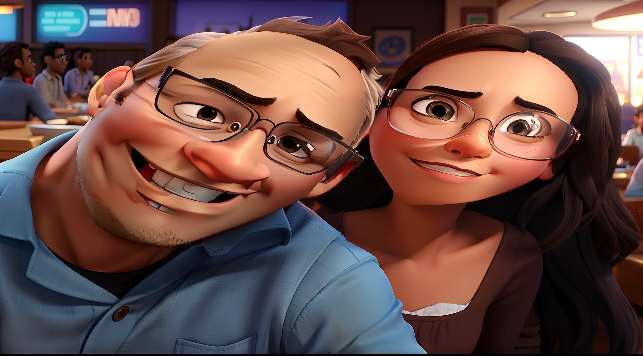 a Disney-Pixar style 3D movie poster depicts a light brown-skinned couple in their 30s with clear glasses in a restaurant