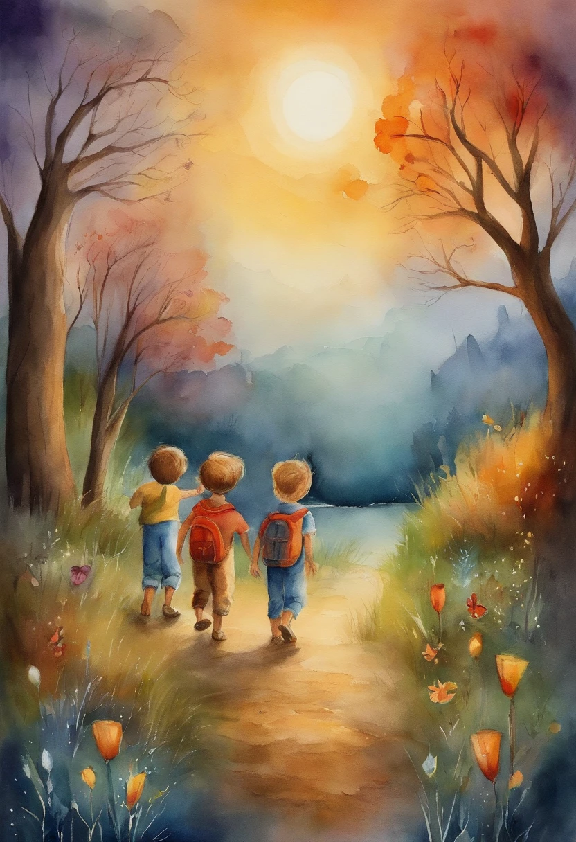 two boys, both exploring a night scene full of wonders. Add a starry sky with smiling stars, and put a friendly moon watching the scene with an affectionate look. Ademais, Insert a translucent spirit, Friendly and bright appearance, as a magical guide on the characters' nightly journey. Use a palette of soft and vibrant colors to create a cheerful and magical environment, Perfectly suitable for children. Let your creativity flow and capture the sense of adventure and mystery.