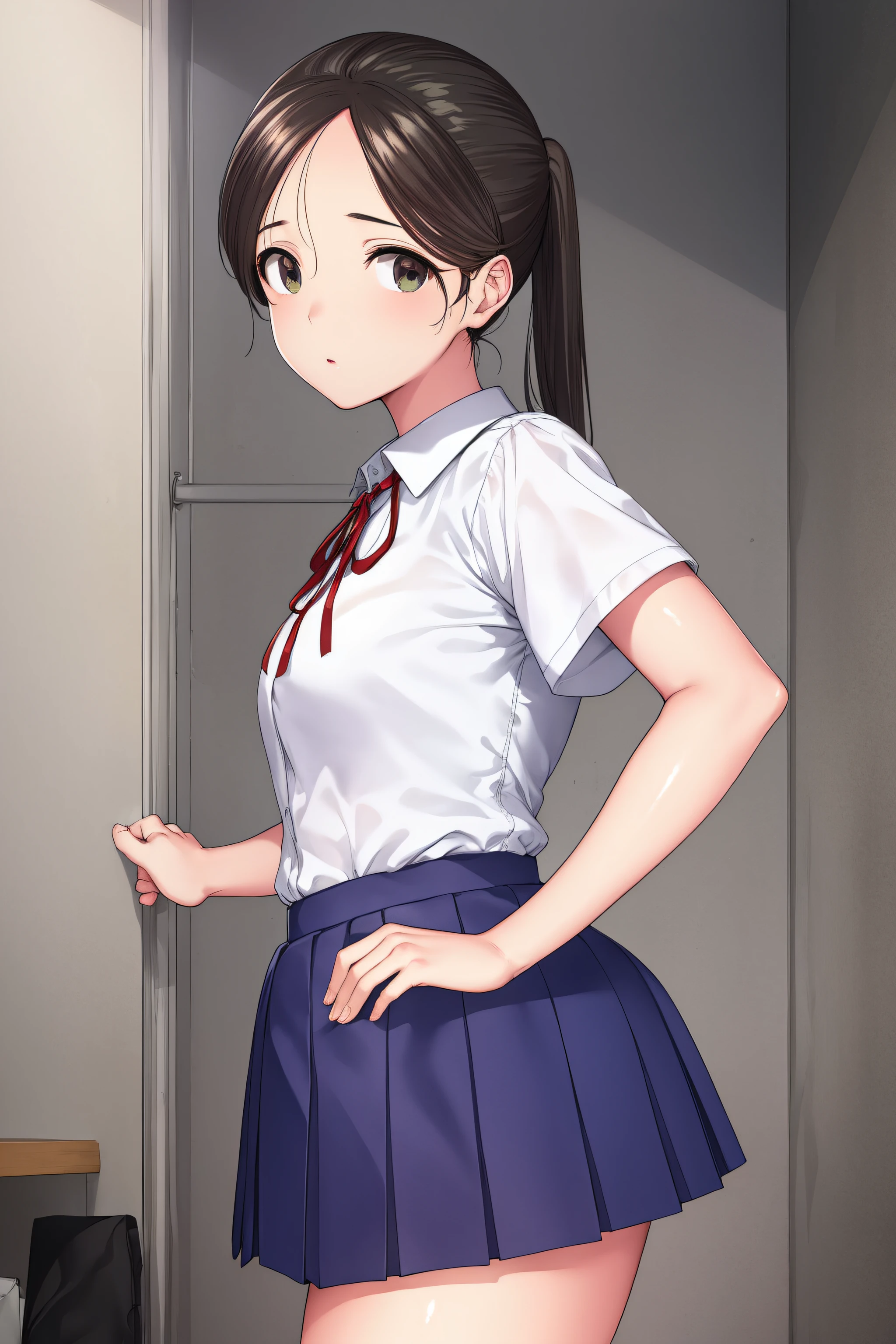 akaneyoshizawa, akane yoshizawa, black hair, ponytail, (green eyes:1.5), swept bangs, long hair,
BREAK skirt, shirt, ribbon, school uniform, white shirt, short sleeves, pleated skirt, shoes, socks, blue skirt, white socks, collared shirt, red ribbon,
BREAK indoors, classroom,
BREAK looking at viewer, (cowboy shot:1.5),
BREAK (masterpiece:1.2), best quality, high resolution, unity 8k wallpaper, (illustration:0.8), (beautiful detailed eyes:1.6), extremely detailed face, perfect lighting, extremely detailed CG, (perfect hands, perfect anatomy),