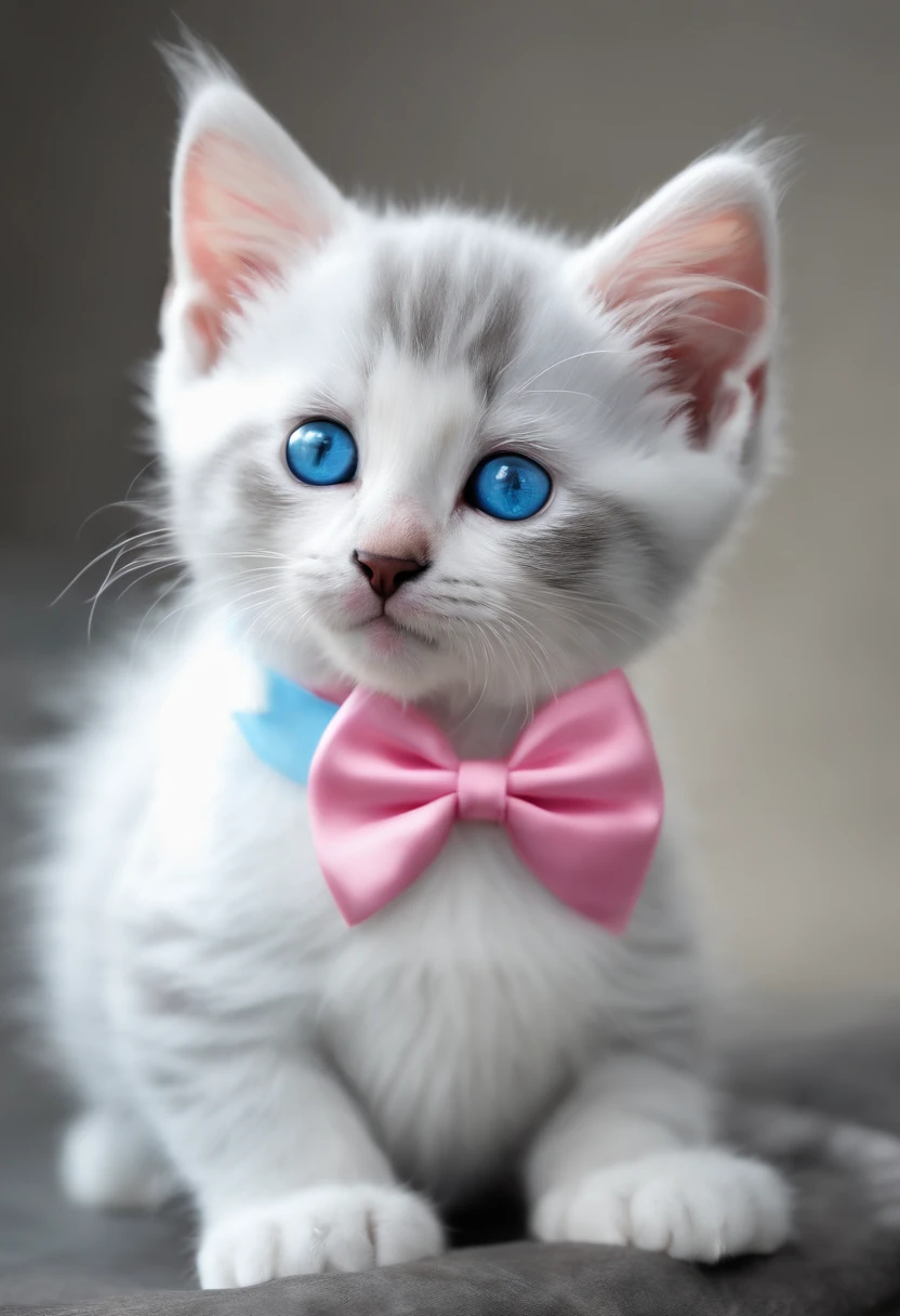 "create 3d image disney pixar style" kitten, white streaked with gray, blue eyes, with pink bow around her neck, white background