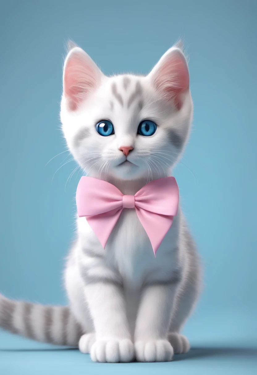 "create 3d image disney pixar style" kitten, white streaked with gray, blue eyes, with pink bow around her neck, white background