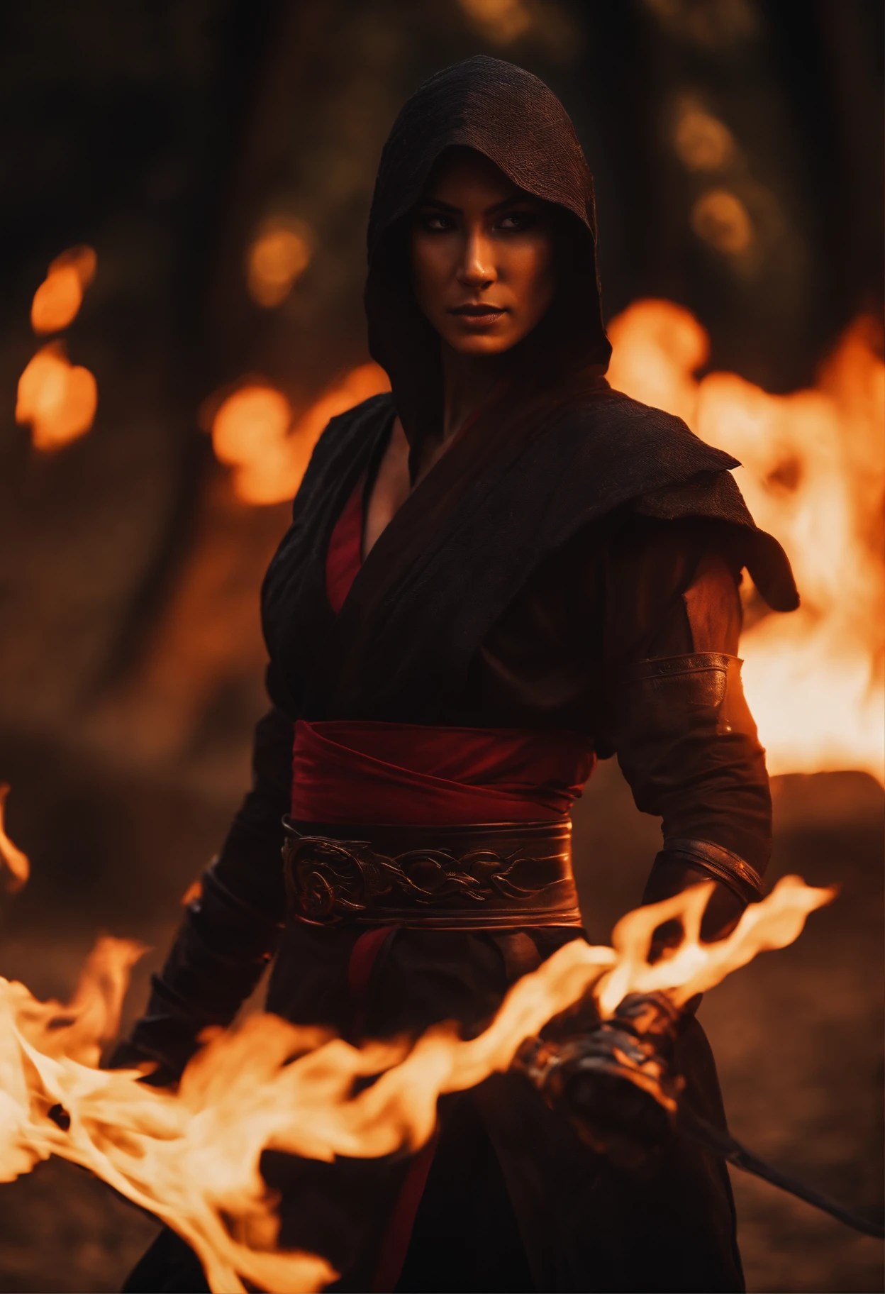 ninja, feminino, mortal kombat, em vermelho e preto, olhos amarelos, Fire scenery in the background ,forte