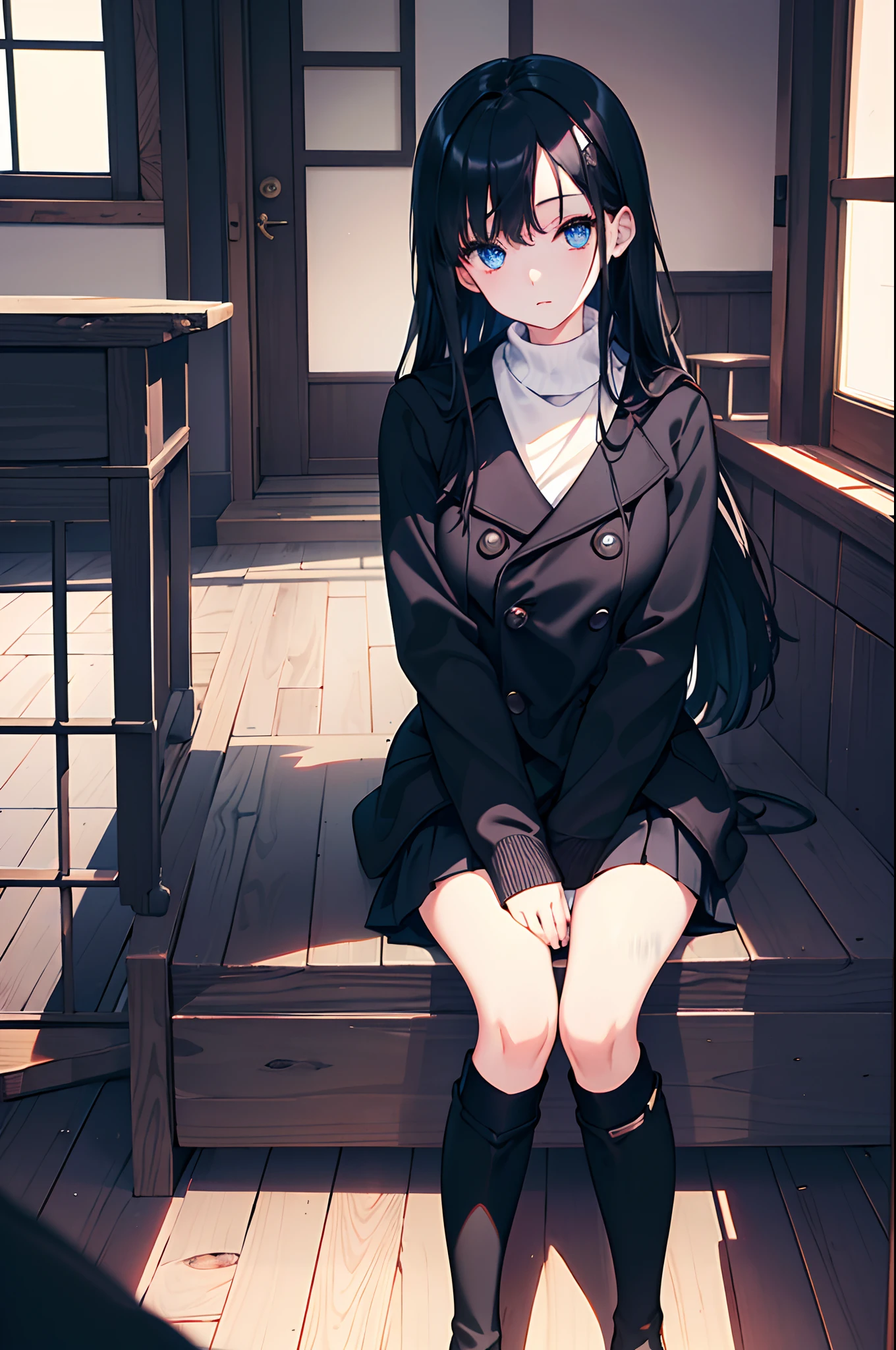 A dark-haired　blue eyess　Sweaters　Black miniskirt　Black tights　long boots　Red coat　Japanese houses　in a house　Cuddle the cat　​masterpiece　Top image quality　Clear Parts Cinematic Shadows　Increased attractiveness of the eyes　Clear the shine of the eyes　Draw eyelashes neatly　Perfect Eye　A detailed eye　Sharpen image quality　Sharpen eye writing　Clear eye shape