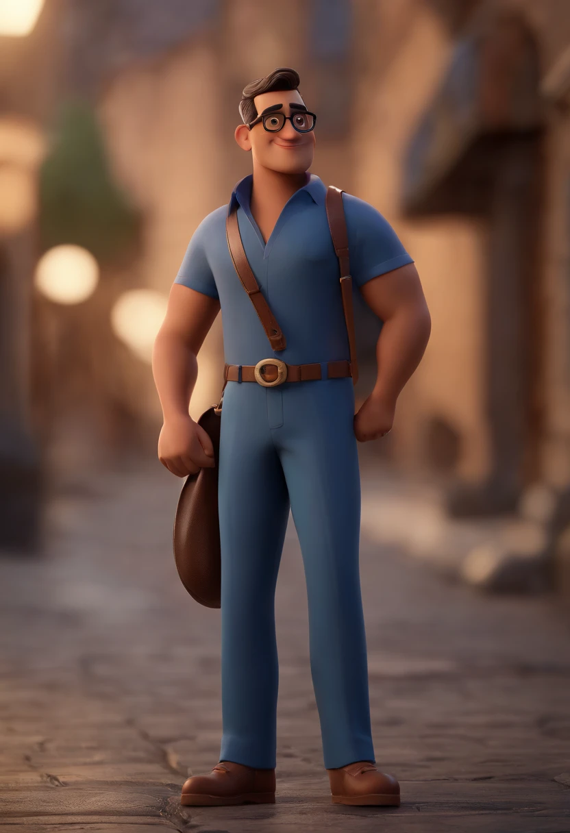 Cartoon character of a man with black glasses, cabelo cacheado marrom escuro e uma camisa azul, animation character, Caractere estilizado, animation style rendering, 3D estilizado, Arnold Maya render, 3 d render stylized, toon render keyshot, Personagem 3D, Personagem 3D, 3d rendering stylized, 3 d character render, personagem de desenho animado, Personagem de close up, Pose de personagem, (Estilo Pixar) (master part:1.2) (Bokeh) (best quality) (pele detalhada) (textura detalhada) (8k) (argila) (Cinematic lighting) (foco nítido